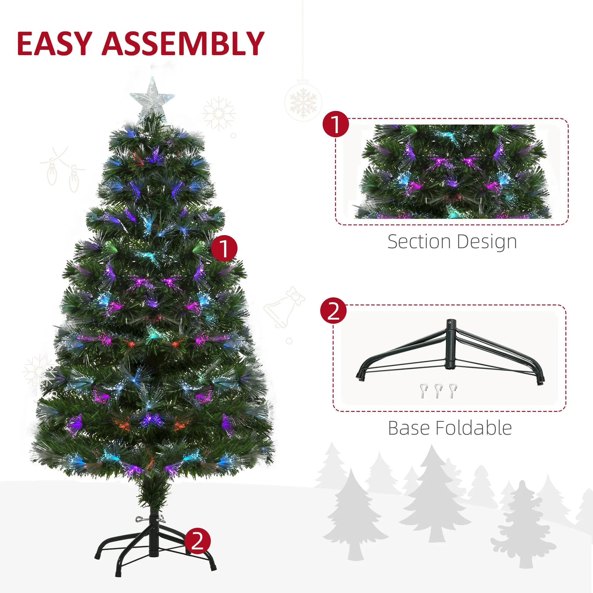 4FT Multicoloured Artificial Christmas Tree w/ Pre-Lit Modes Metal Stand