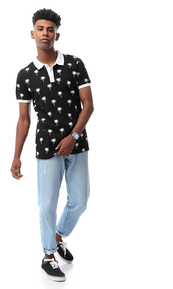 53112 Pique Palms Buttoned Black Polo Shirt