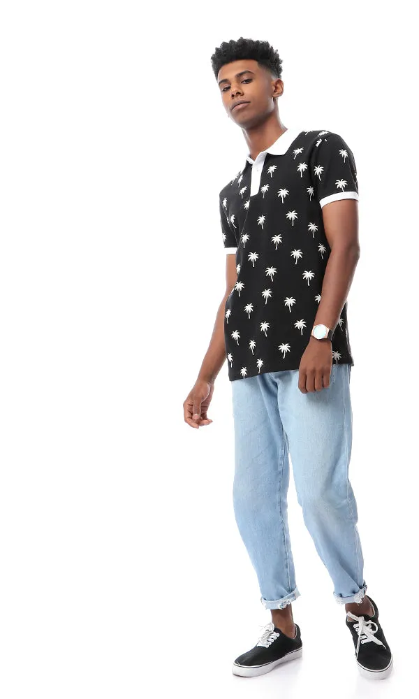 53112 Pique Palms Buttoned Black Polo Shirt