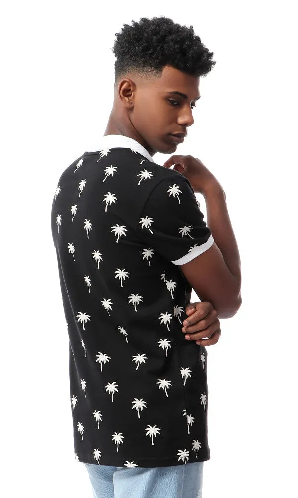 53112 Pique Palms Buttoned Black Polo Shirt