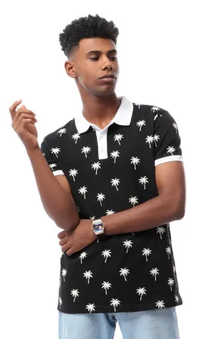 53112 Pique Palms Buttoned Black Polo Shirt