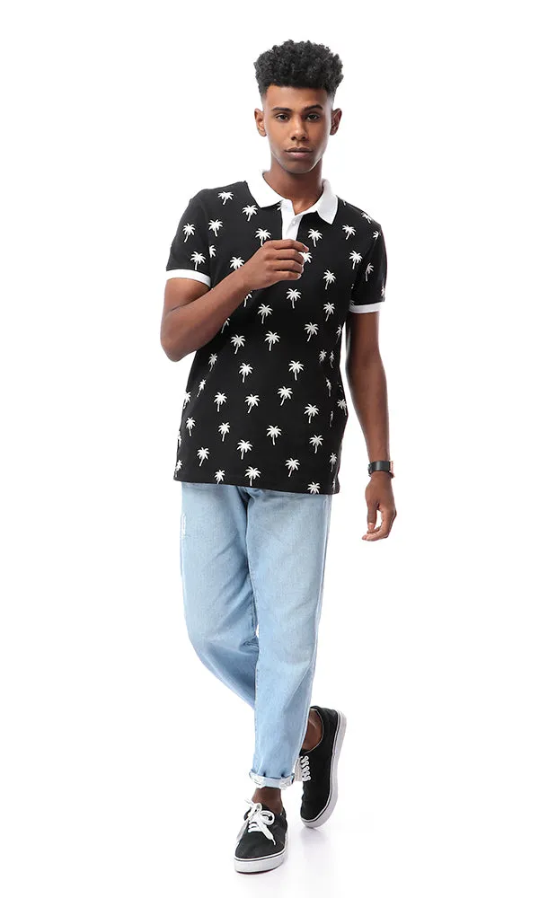 53112 Pique Palms Buttoned Black Polo Shirt