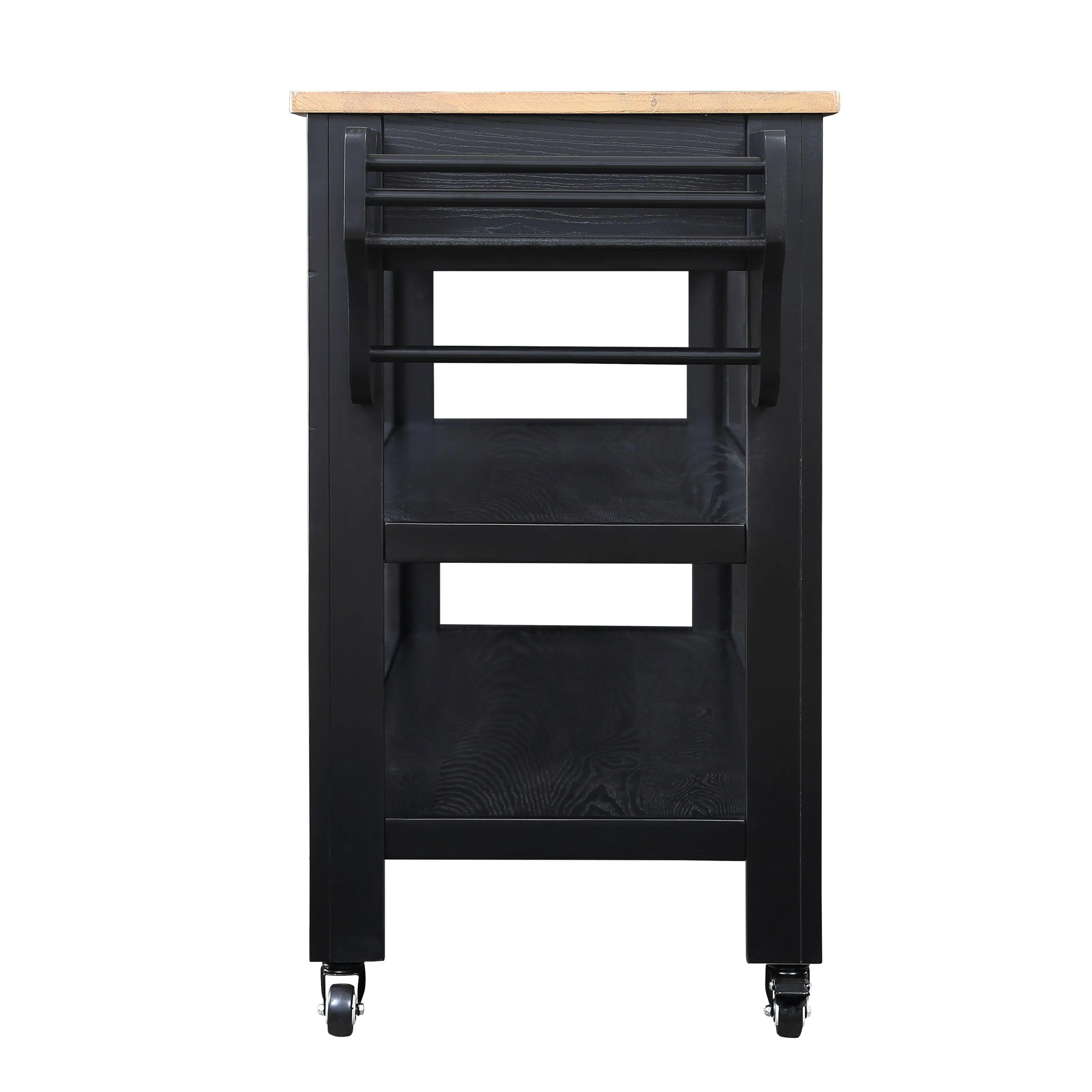 57" Rolling Kitchen Island with Oak Top, 2 Drawers, Wine & Spice Rack, Two-Sided, Black   Natural