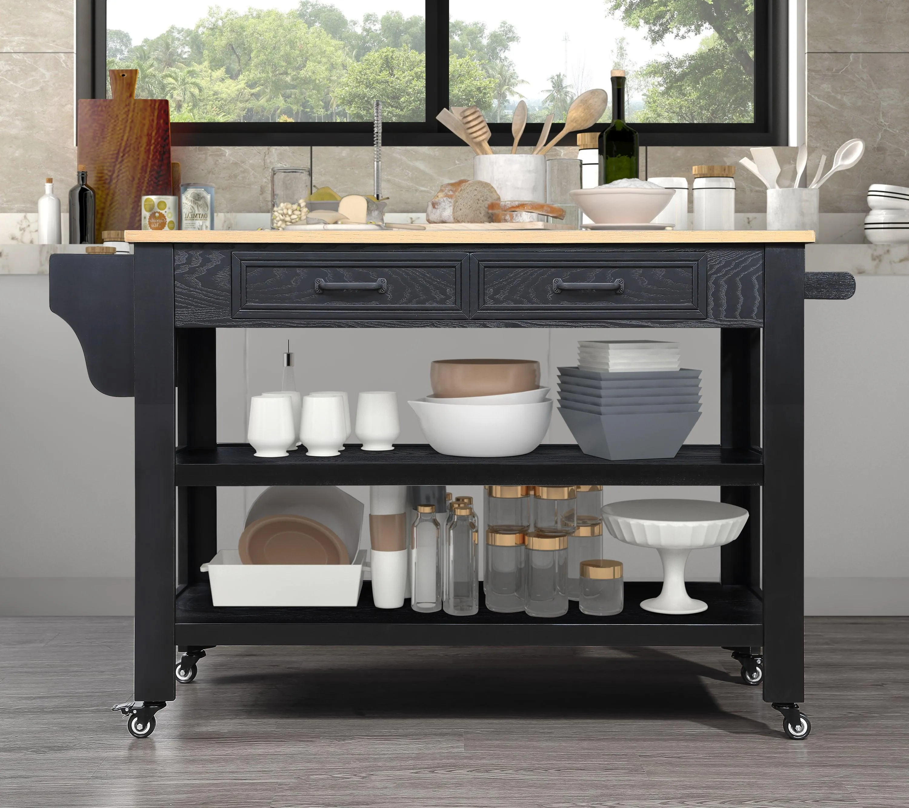 57" Rolling Kitchen Island with Oak Top, 2 Drawers, Wine & Spice Rack, Two-Sided, Black   Natural