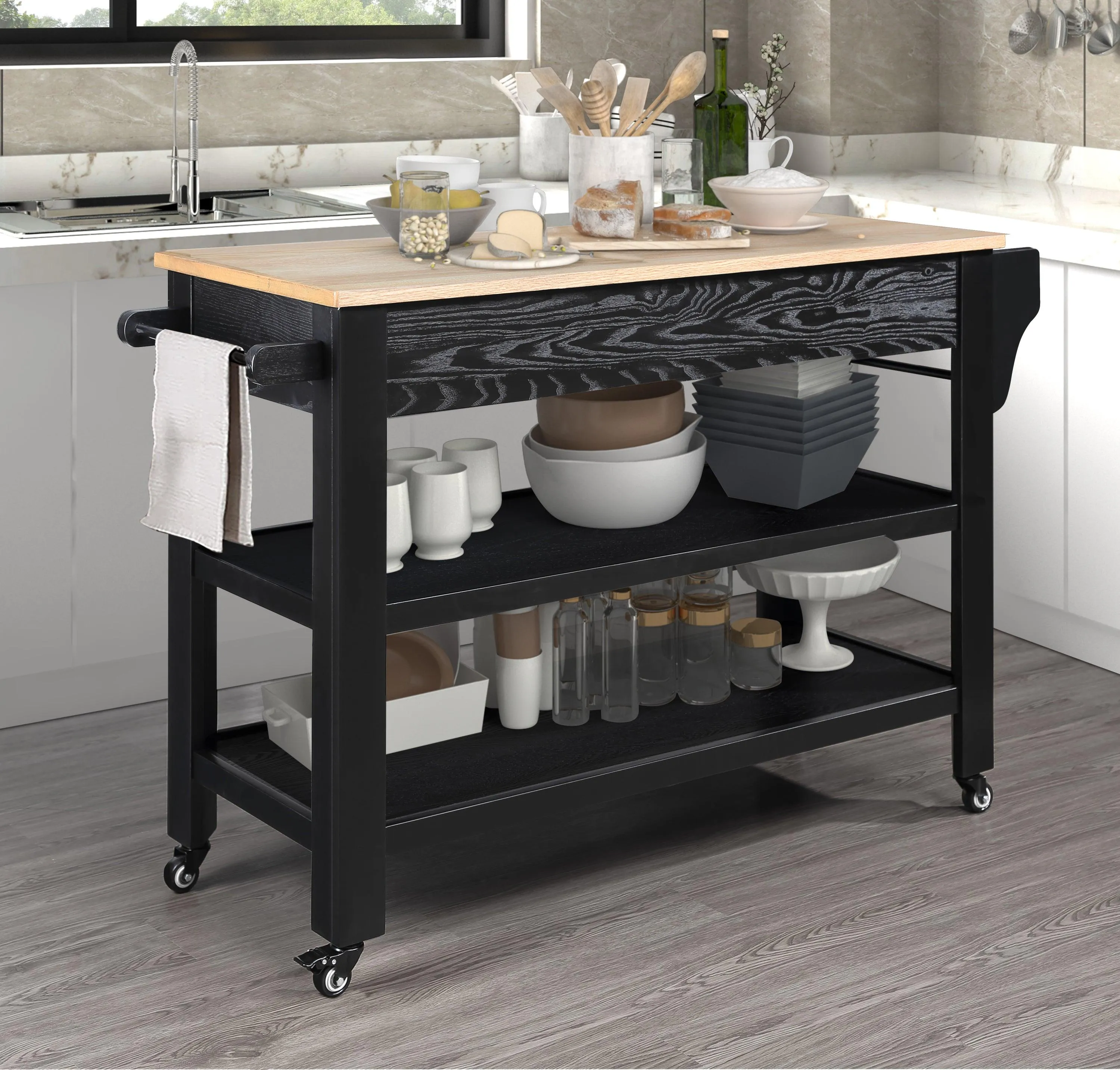 57" Rolling Kitchen Island with Oak Top, 2 Drawers, Wine & Spice Rack, Two-Sided, Black   Natural