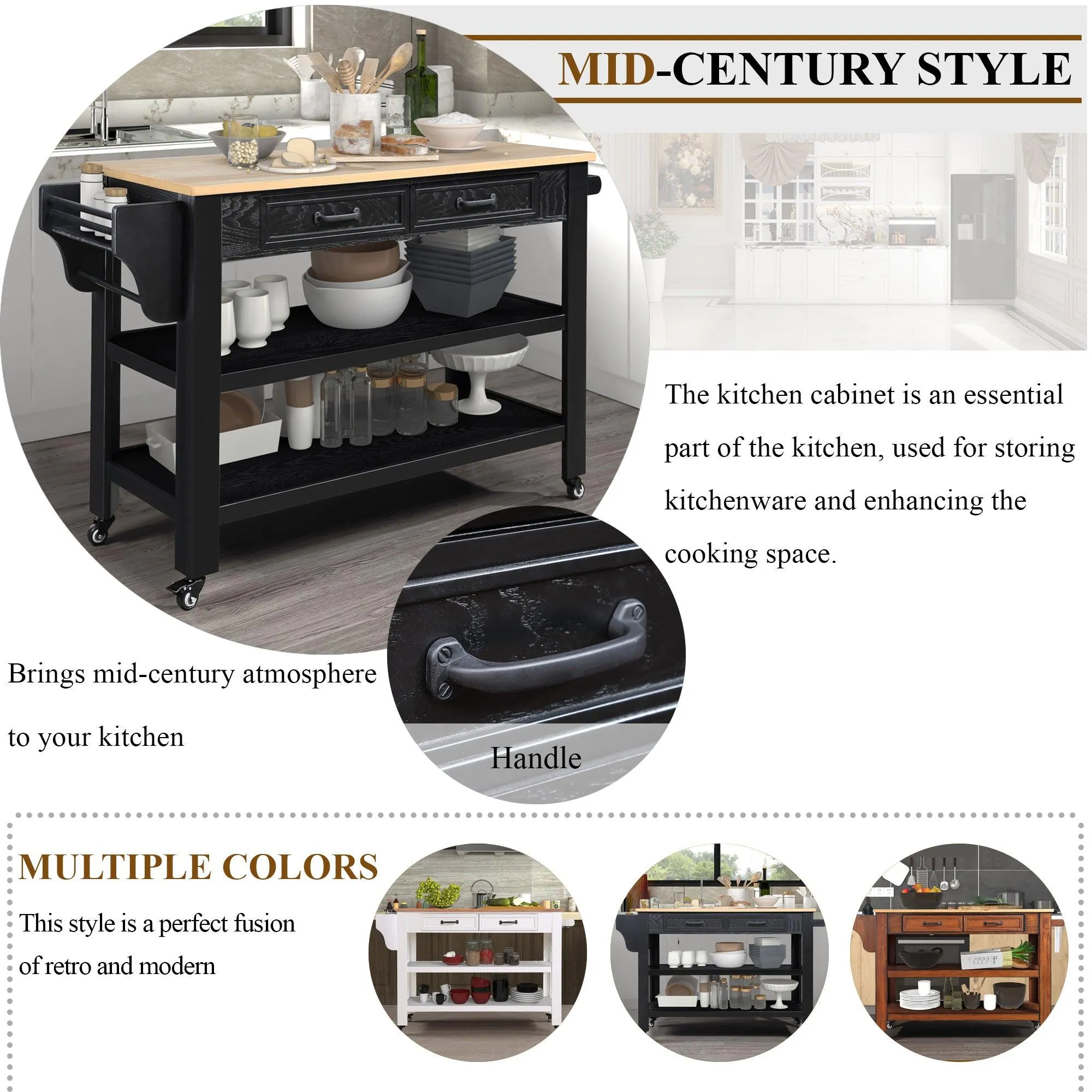 57" Rolling Kitchen Island with Oak Top, 2 Drawers, Wine & Spice Rack, Two-Sided, Black   Natural