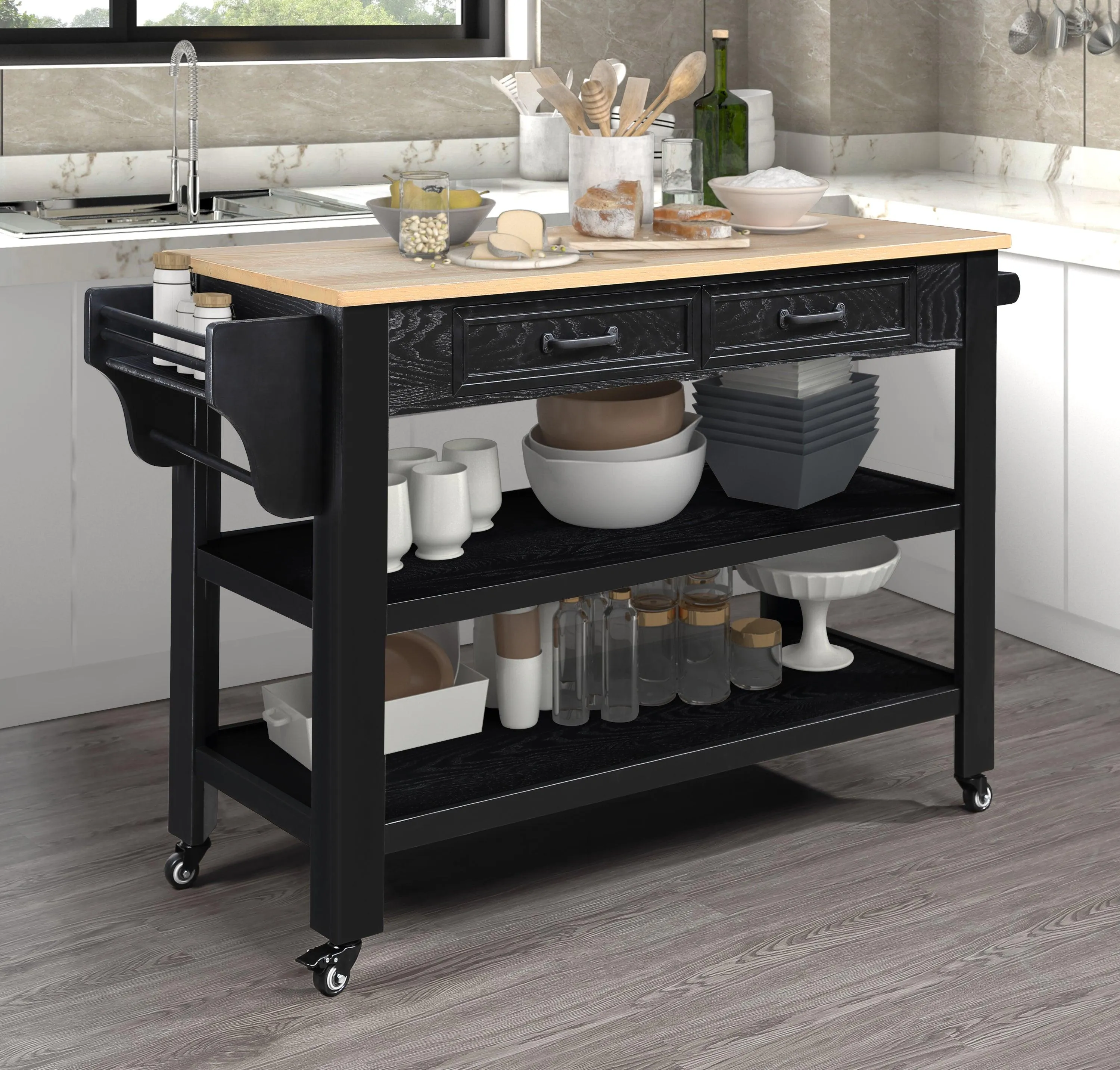 57" Rolling Kitchen Island with Oak Top, 2 Drawers, Wine & Spice Rack, Two-Sided, Black   Natural