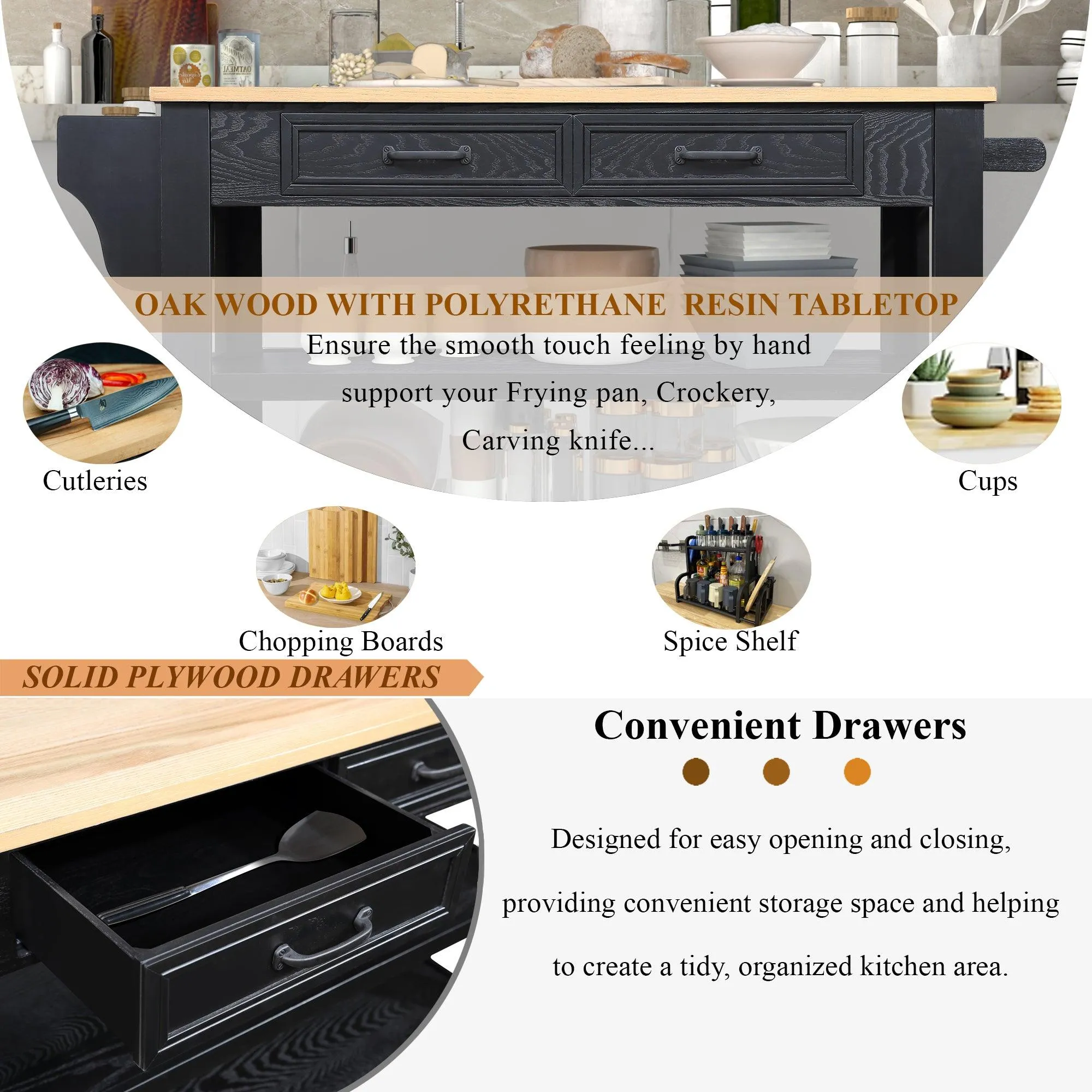 57" Rolling Kitchen Island with Oak Top, 2 Drawers, Wine & Spice Rack, Two-Sided, Black   Natural