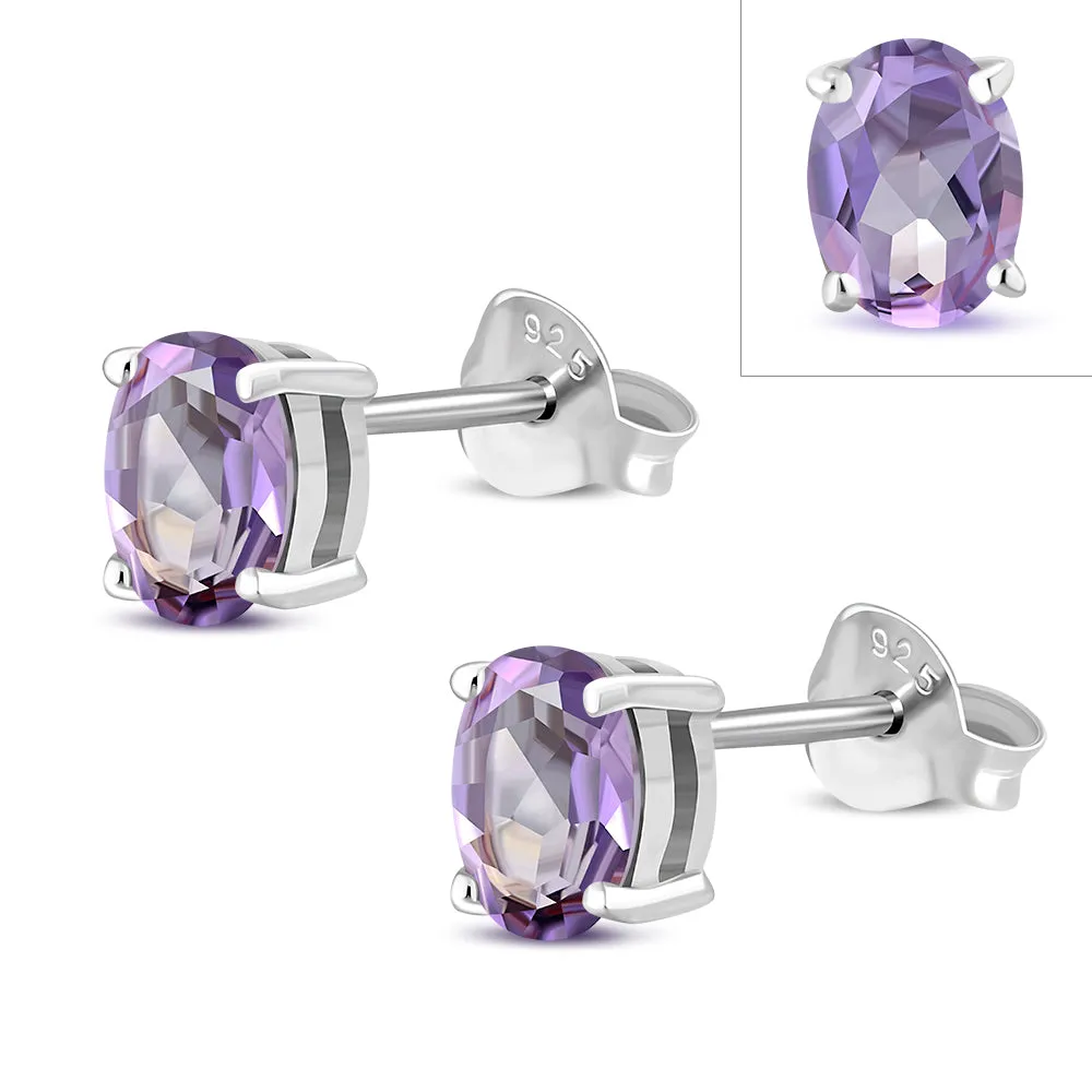 5x7mm Oval Prong-Set Amethyst Stone Sterling Silver Stud Earrings