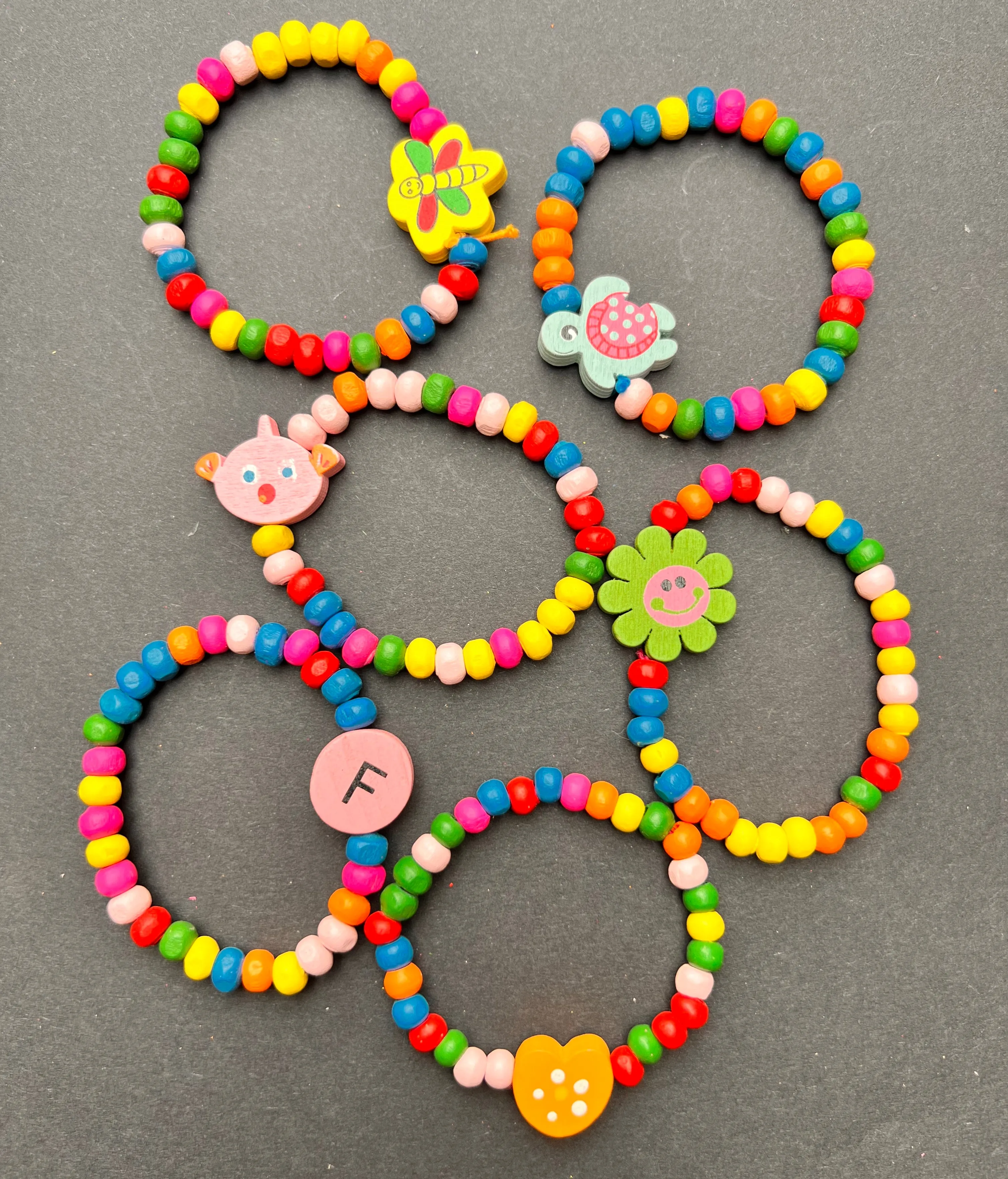 6 Colourful Kids Wooden Bracelets