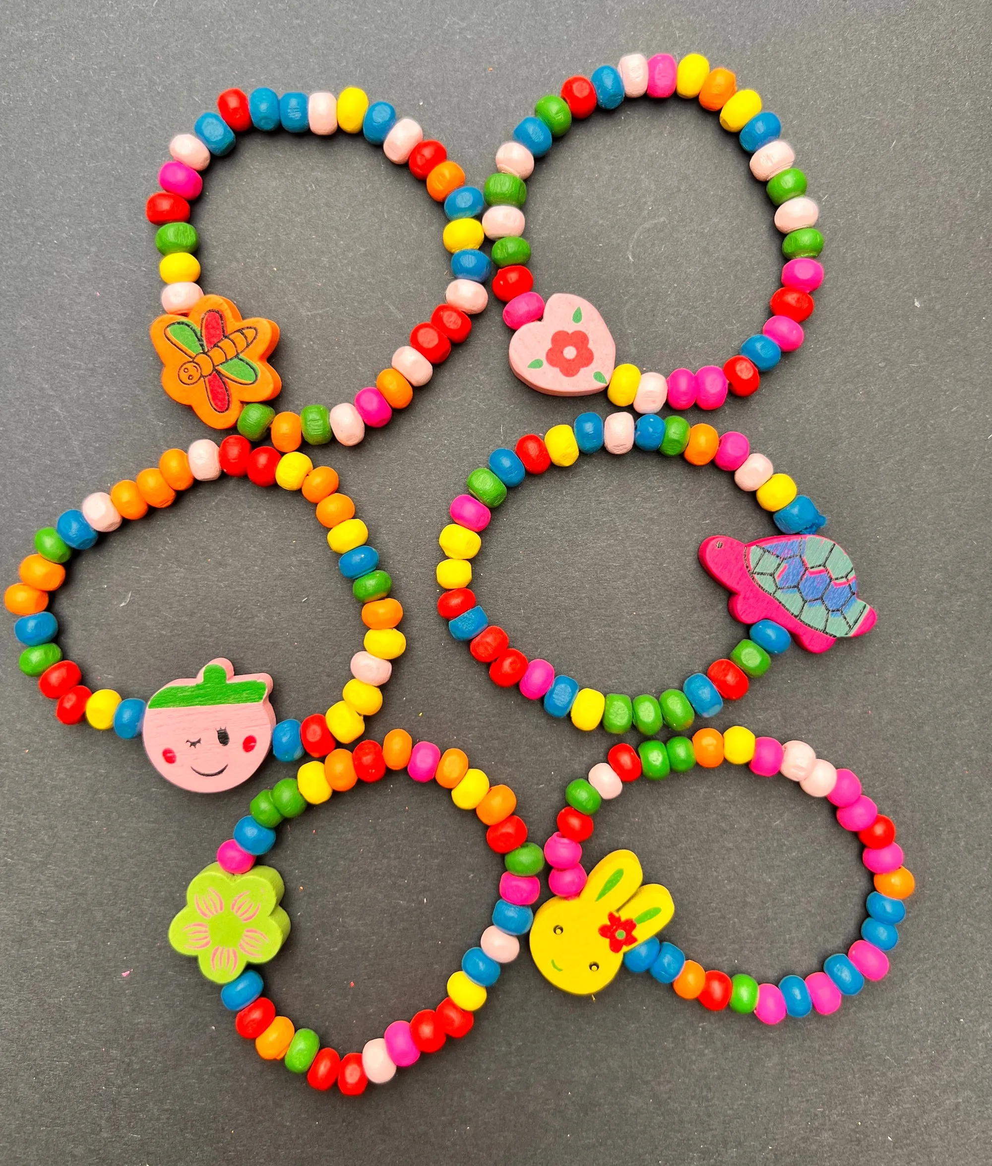 6 Colourful Kids Wooden Bracelets