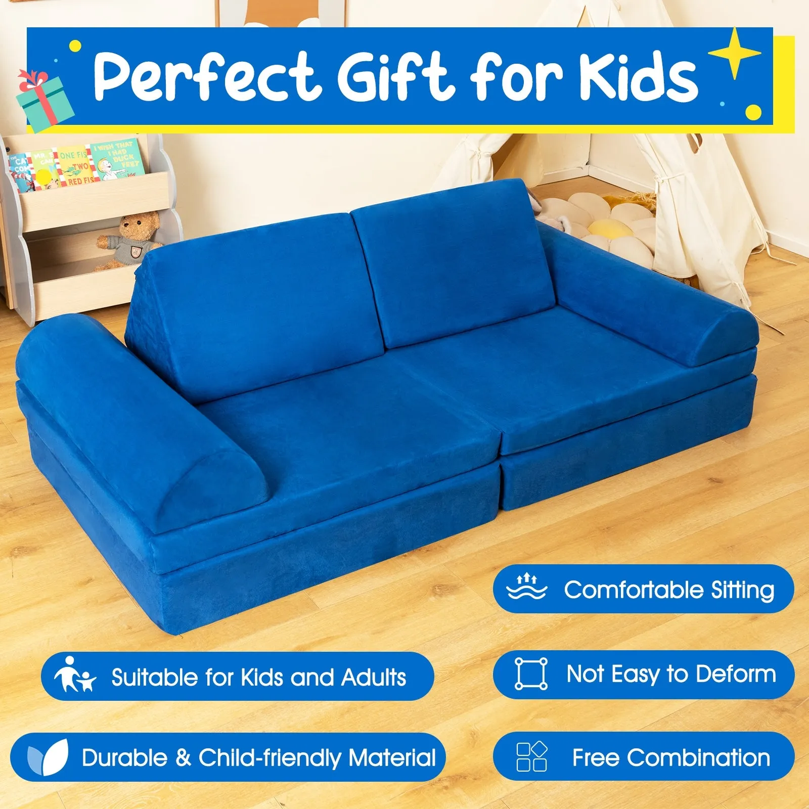 6 Pieces Convertible Kids Play Couch Set with Zipper-Blue