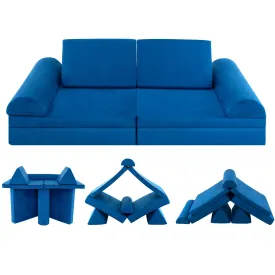 6 Pieces Convertible Kids Play Couch Set with Zipper-Blue