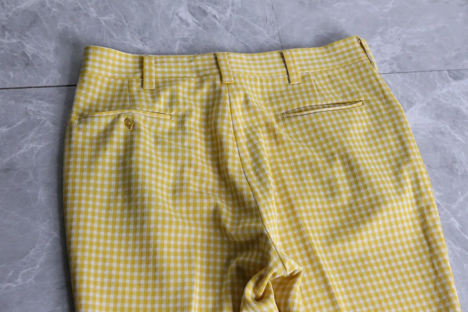 70’s“HAGGAR”yellow check apron flare pants