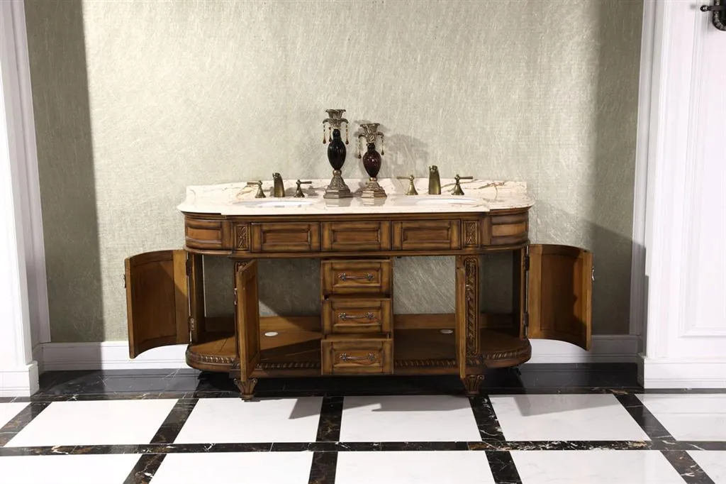 71" Deminlune Double Sink Bath Vanity in Antique Walnut with Marble Top