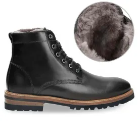 7CM / 2.76 Inches - CMR CHAMARIPA Men Taller Shoes - Men's Fur Lined Boots - Black Winter Warm Leather Lace Up Boots To Look Taller