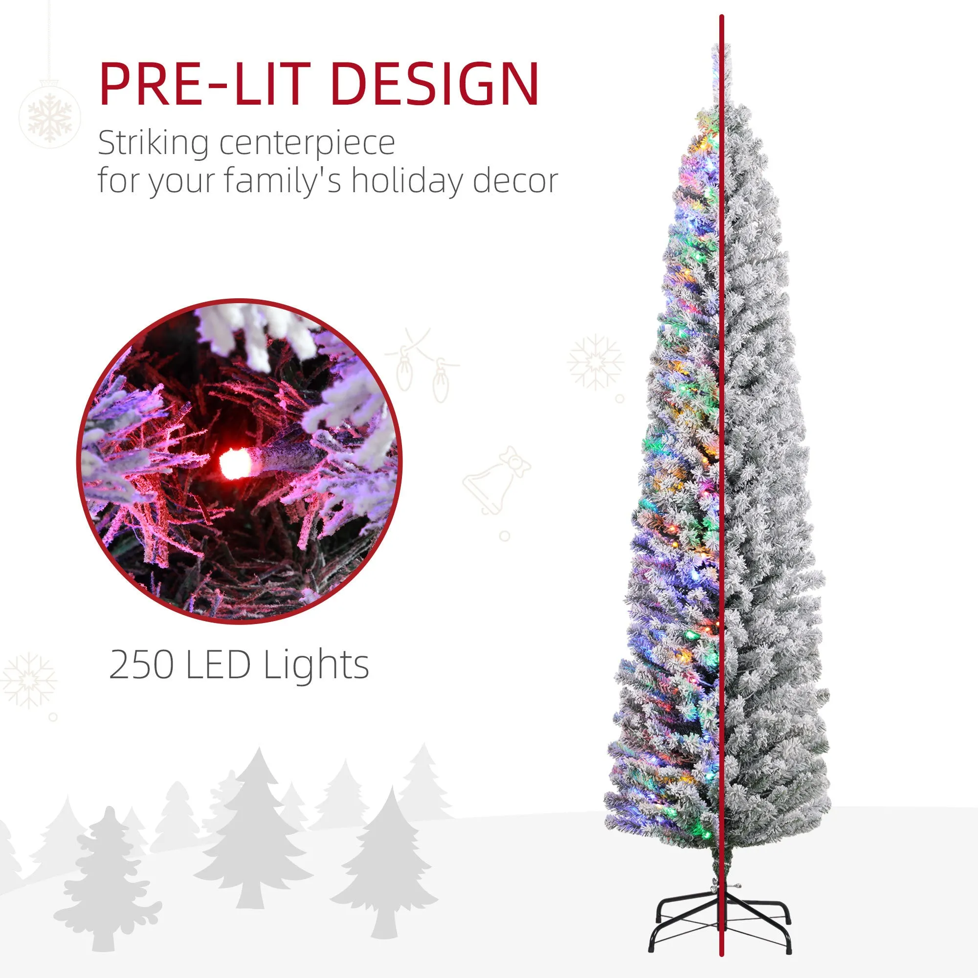 7ft Pre Lit Artificial Christmas Tree Holiday Décor with 250 Colourful LED Lights and 592 Snow Flocked Tips, Pine Cone, Berry, Ball Tree Decoration