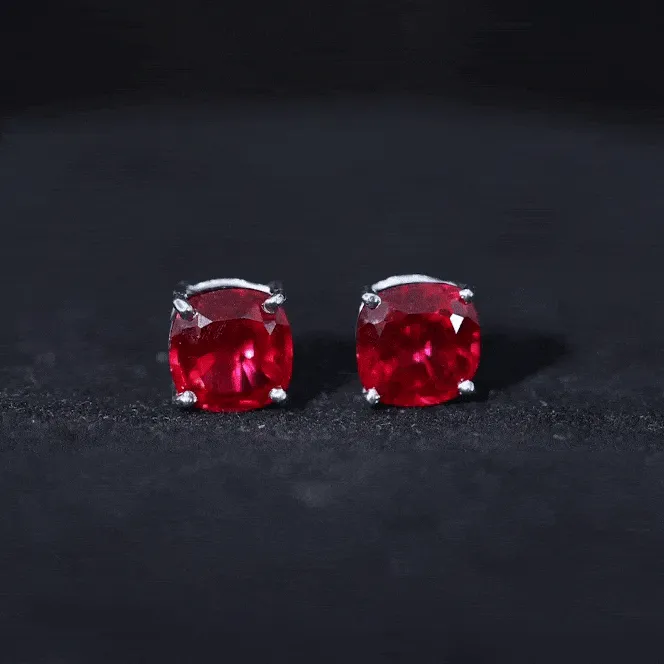 8 MM Cushion Cut Created Ruby Solitaire Stud Earrings