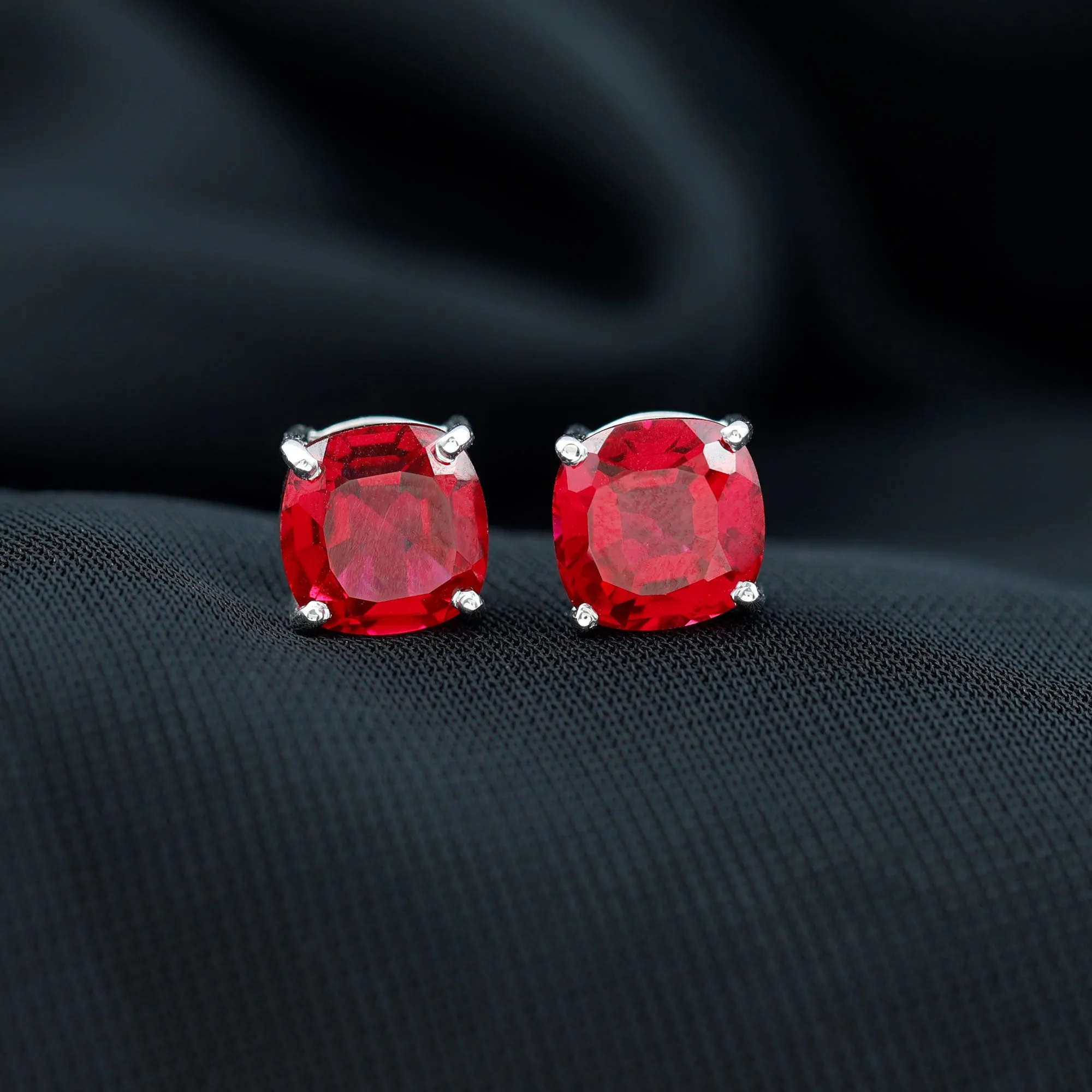 8 MM Cushion Cut Created Ruby Solitaire Stud Earrings