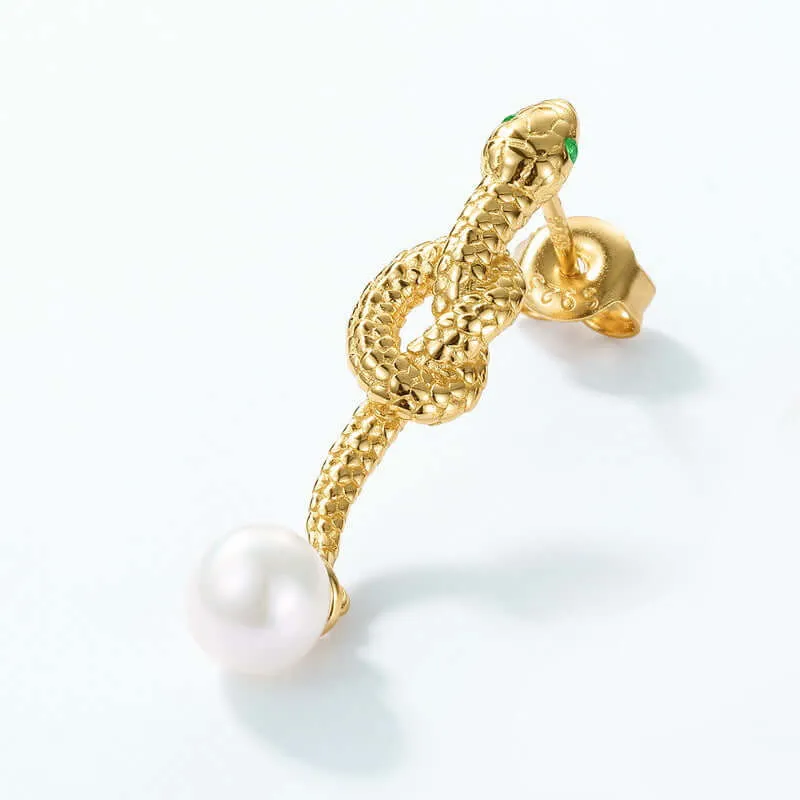 925 Silver Golden Snake Earrings With Freshwater Pearls