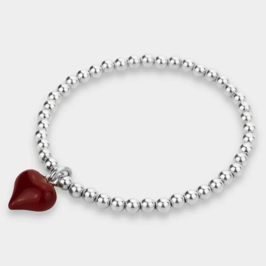 925 Sterling Silver Red Puff Heart Charm Bracelet, Red Heart Charm Bracelet, Heart Charm Bracelet, Stacked Bracelets