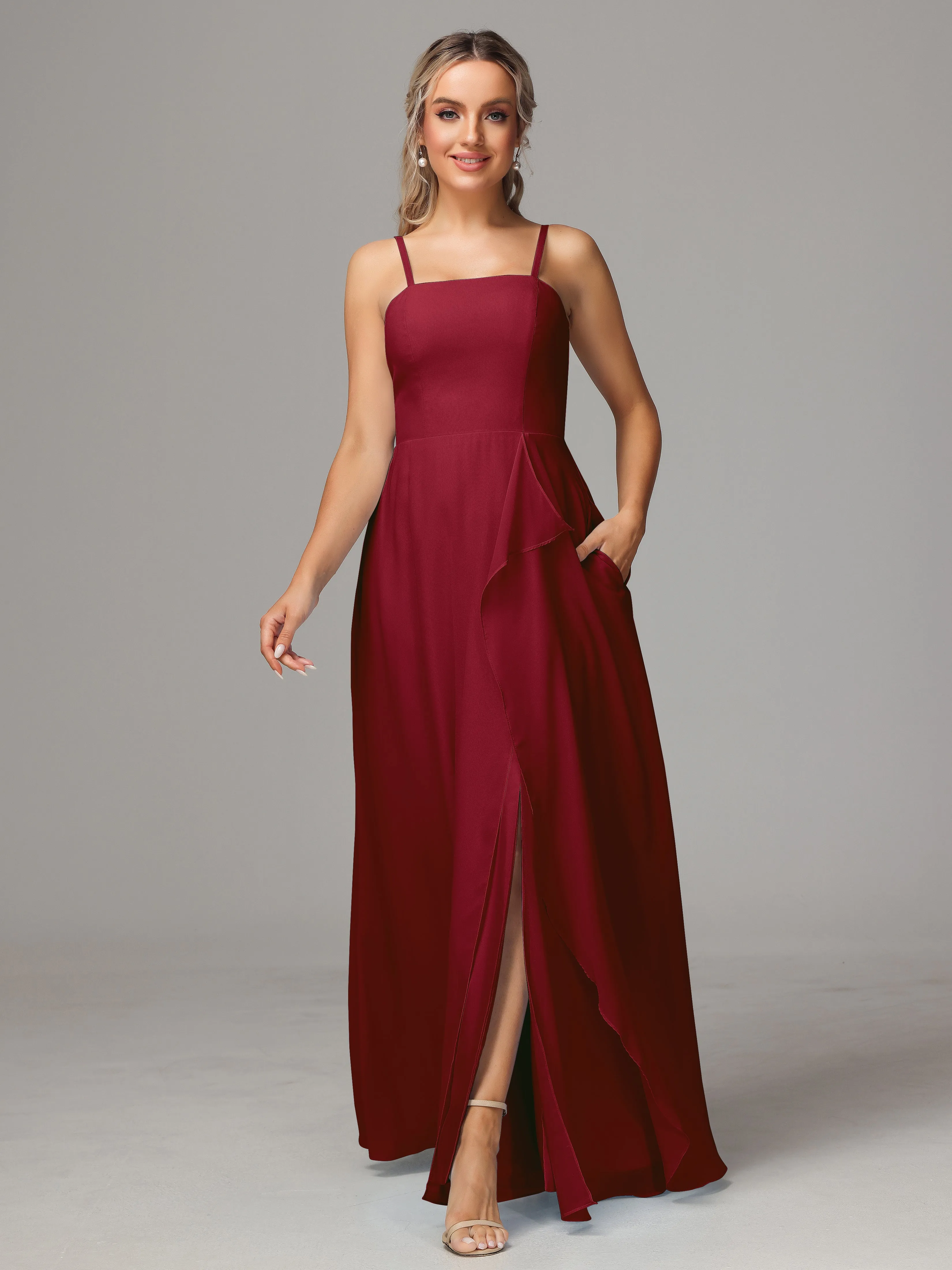 A-Line Ruffles Spaghetti Straps Chiffon Bridesmaid Dresses With Split