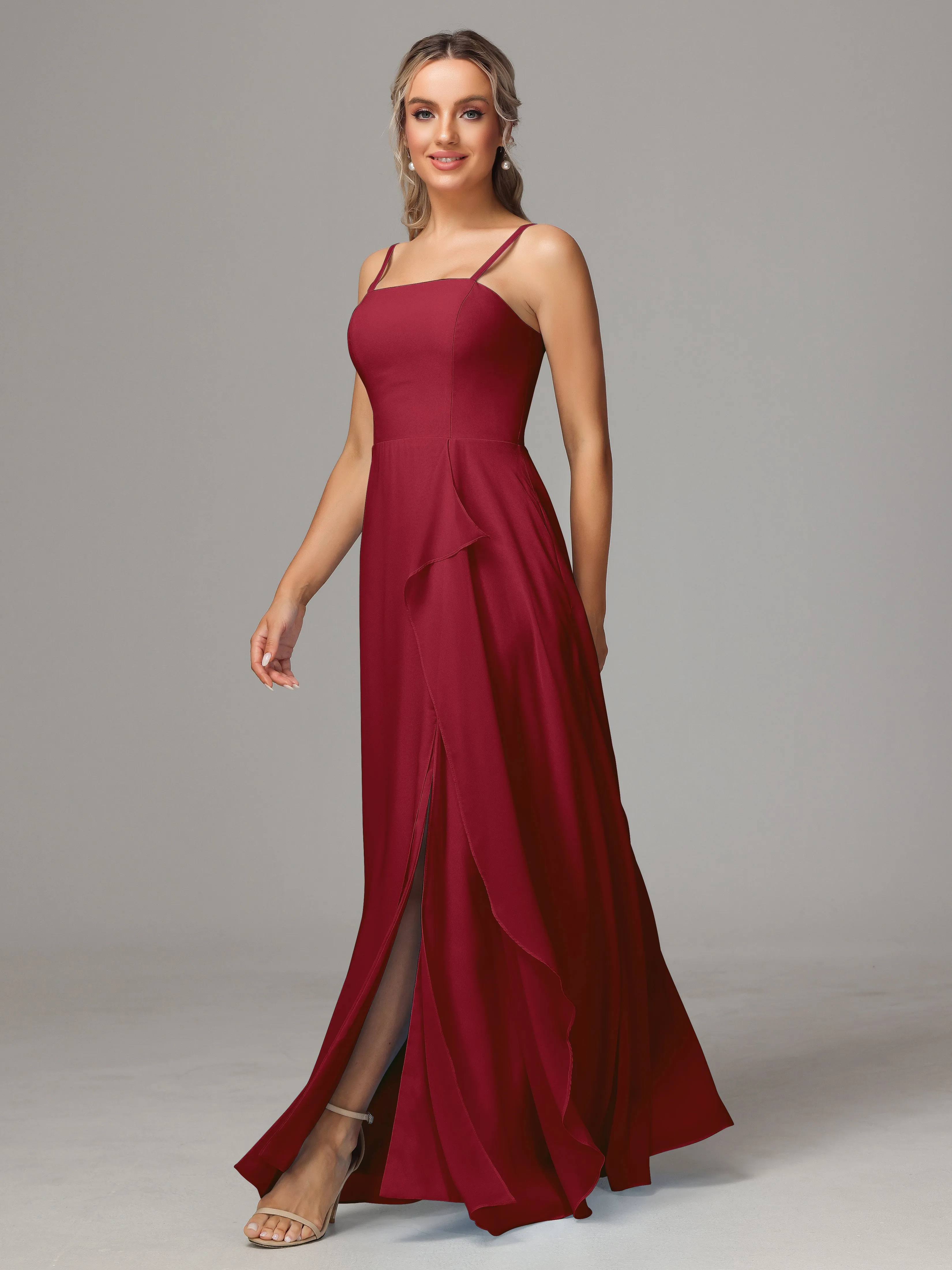 A-Line Ruffles Spaghetti Straps Chiffon Bridesmaid Dresses With Split