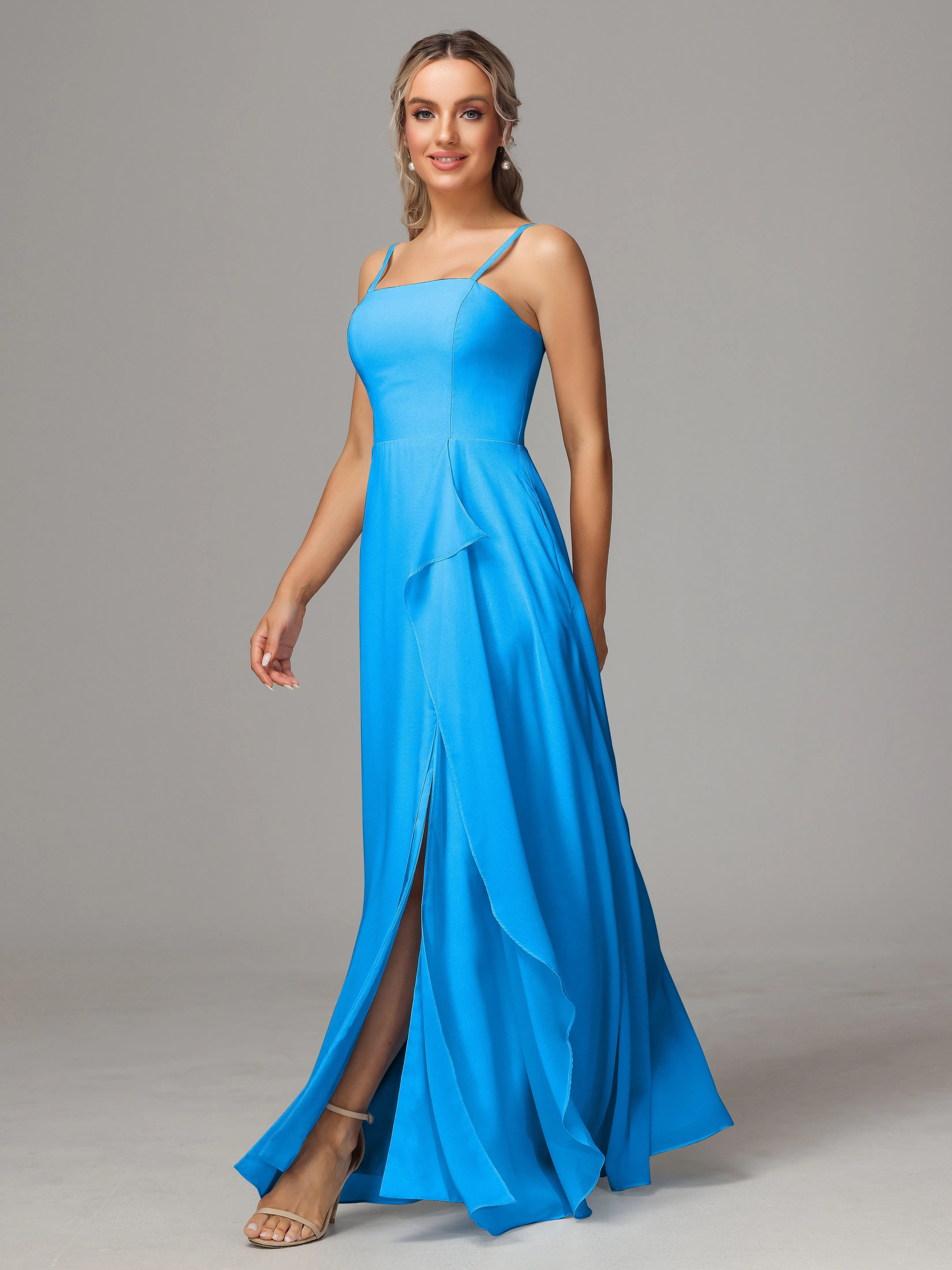 A-Line Ruffles Spaghetti Straps Chiffon Bridesmaid Dresses With Split