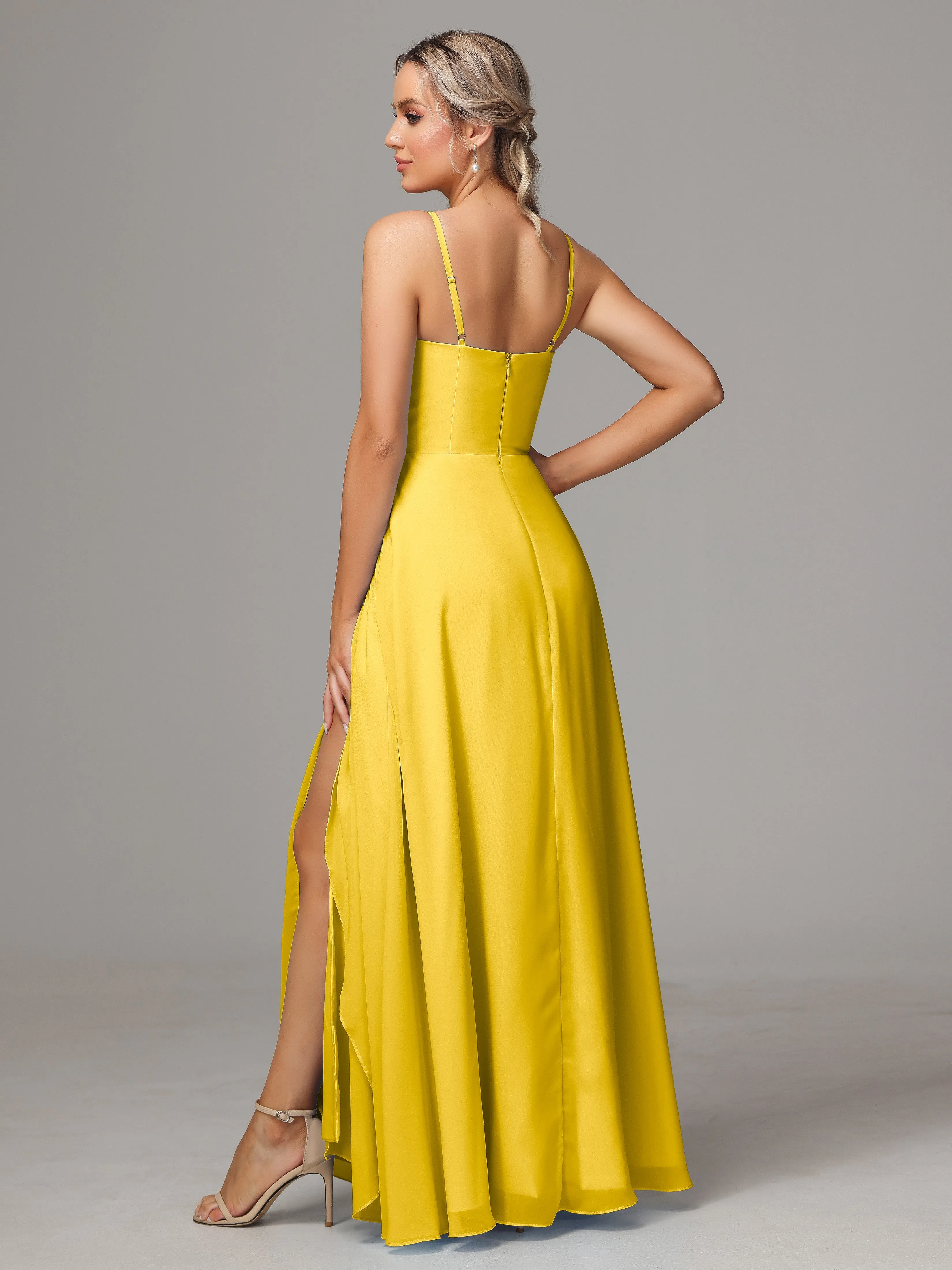 A-Line Ruffles Spaghetti Straps Chiffon Bridesmaid Dresses With Split