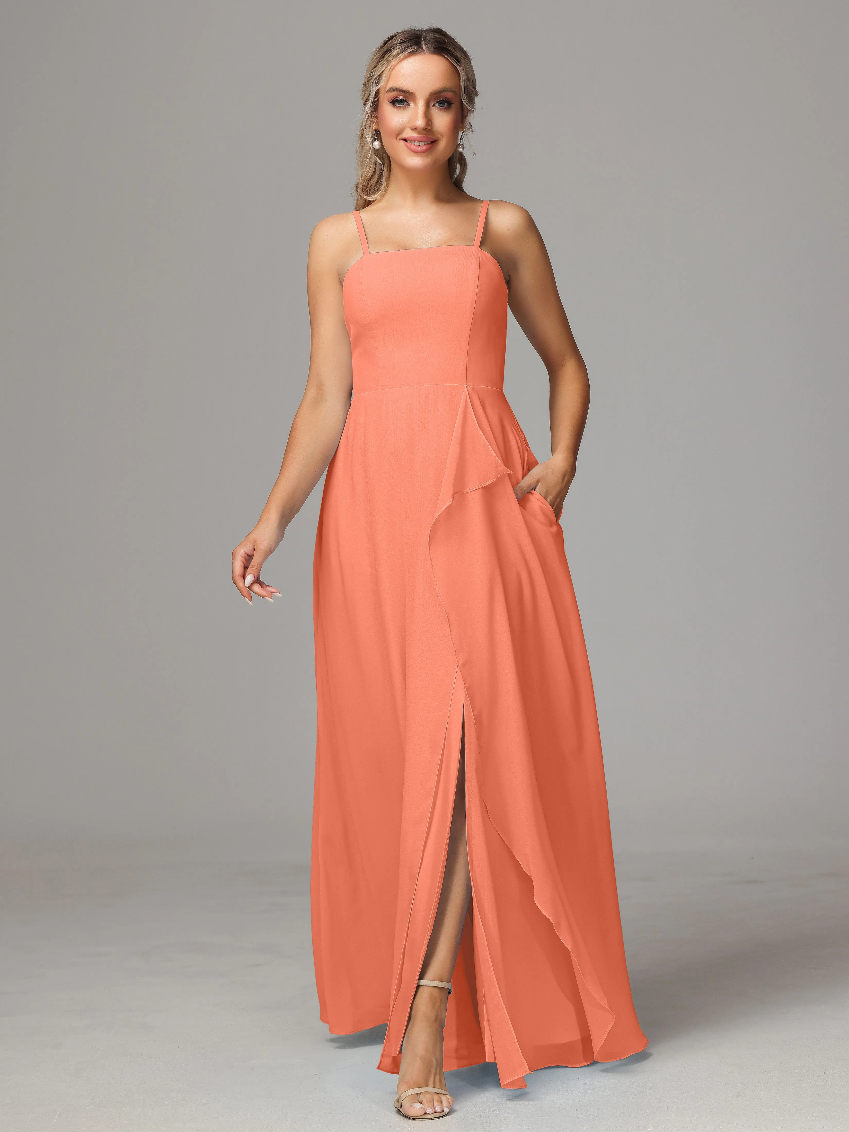 A-Line Ruffles Spaghetti Straps Chiffon Bridesmaid Dresses With Split