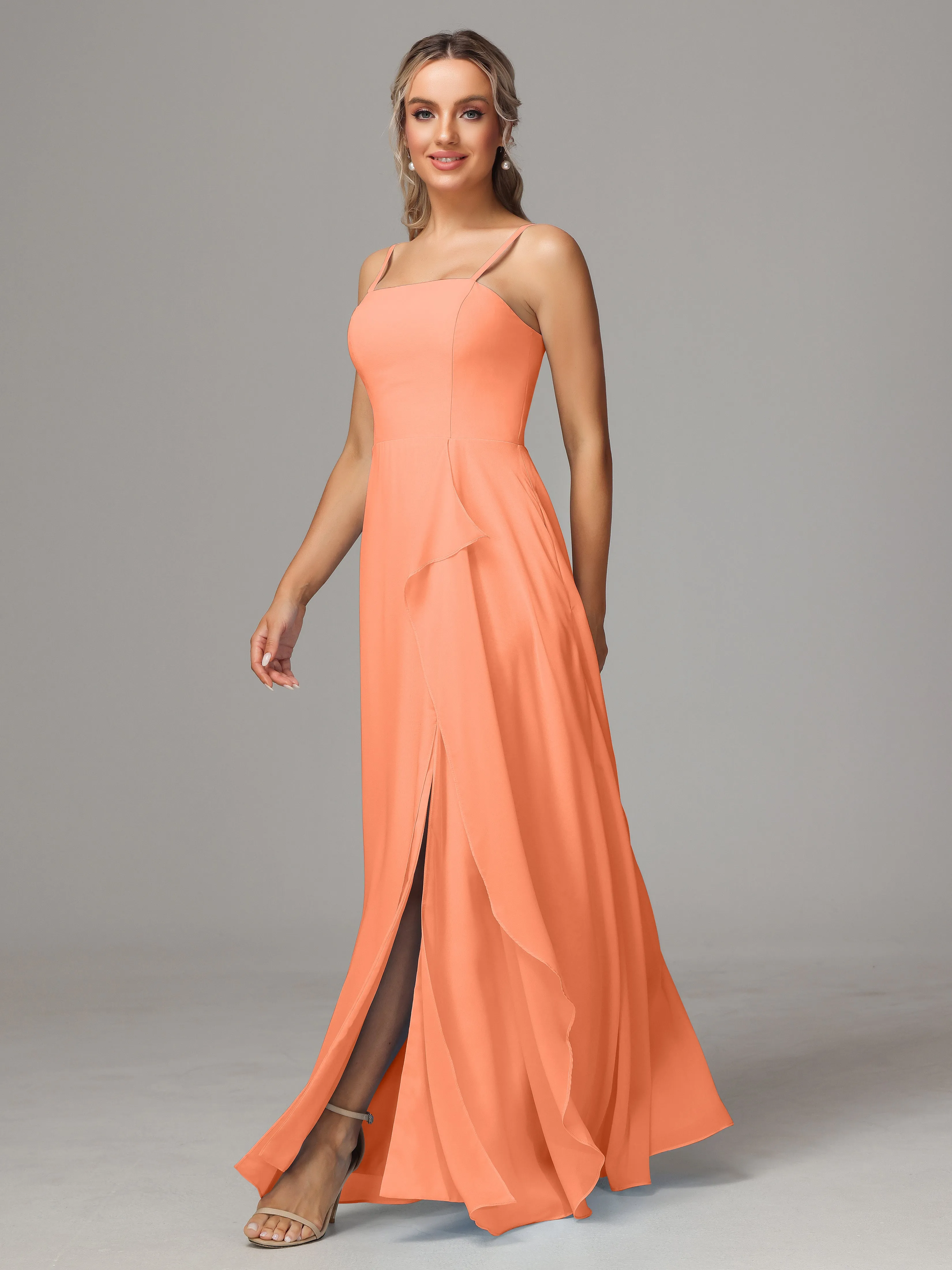 A-Line Ruffles Spaghetti Straps Chiffon Bridesmaid Dresses With Split