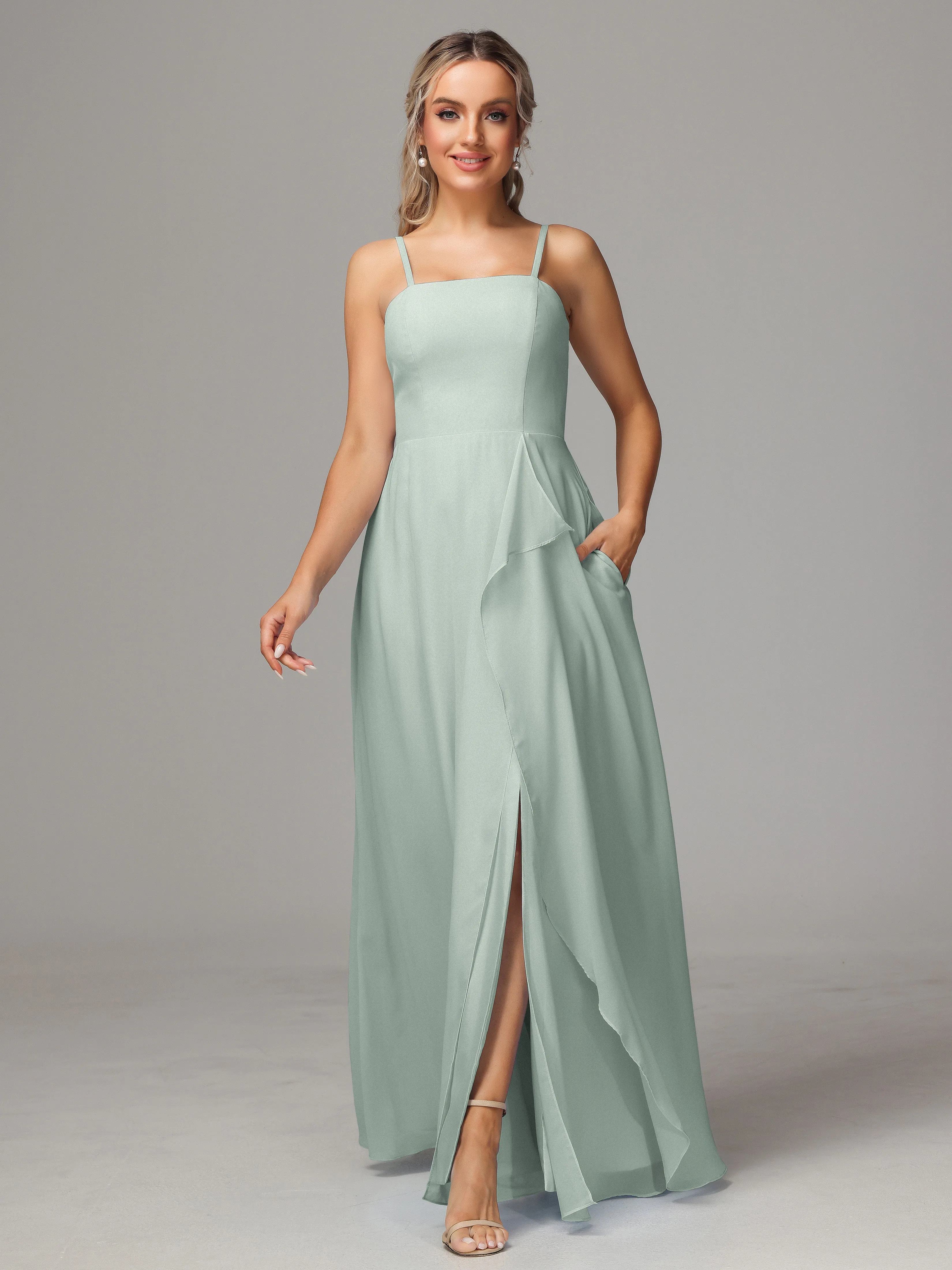 A-Line Ruffles Spaghetti Straps Chiffon Bridesmaid Dresses With Split