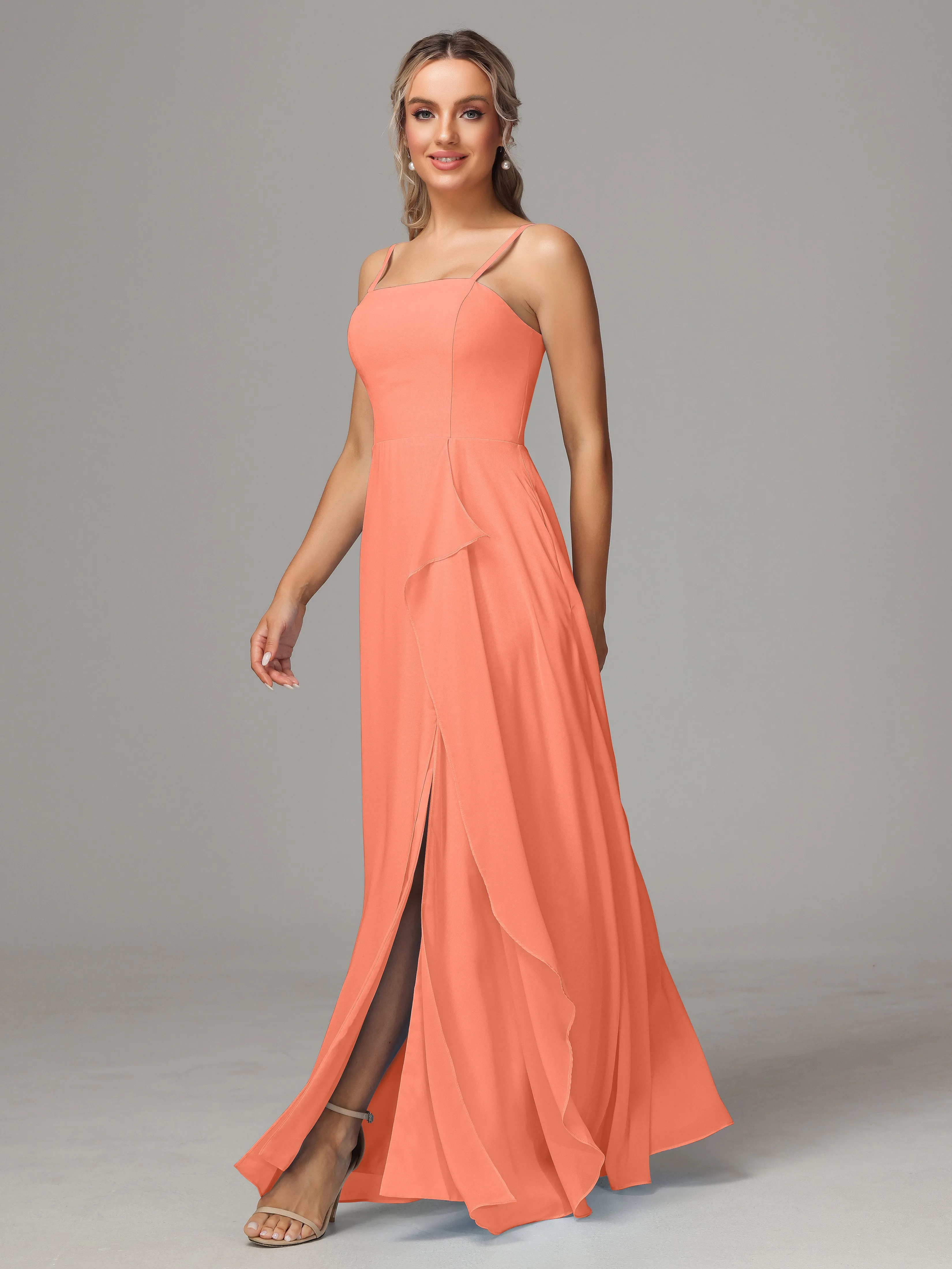 A-Line Ruffles Spaghetti Straps Chiffon Bridesmaid Dresses With Split