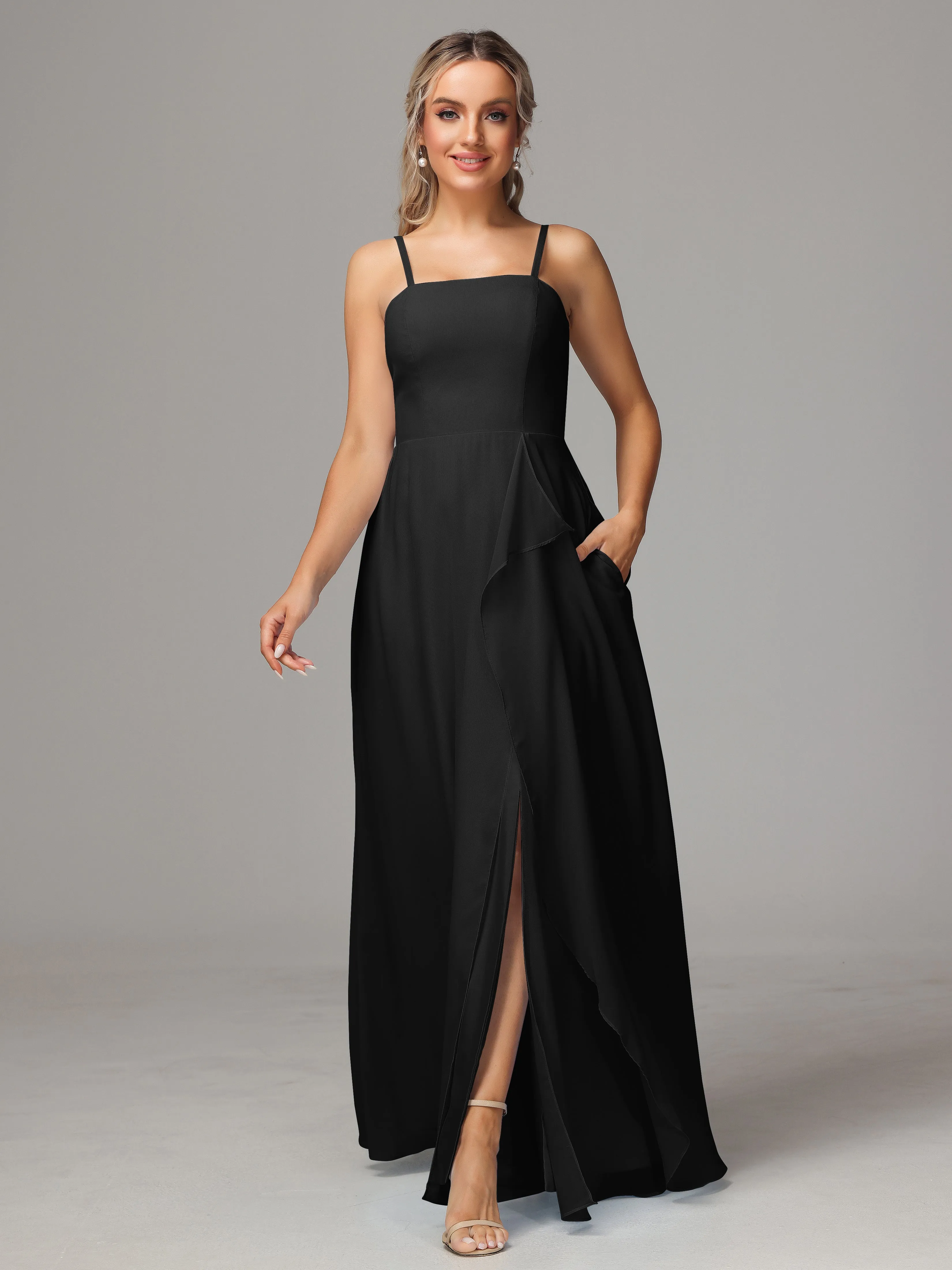 A-Line Ruffles Spaghetti Straps Chiffon Bridesmaid Dresses With Split