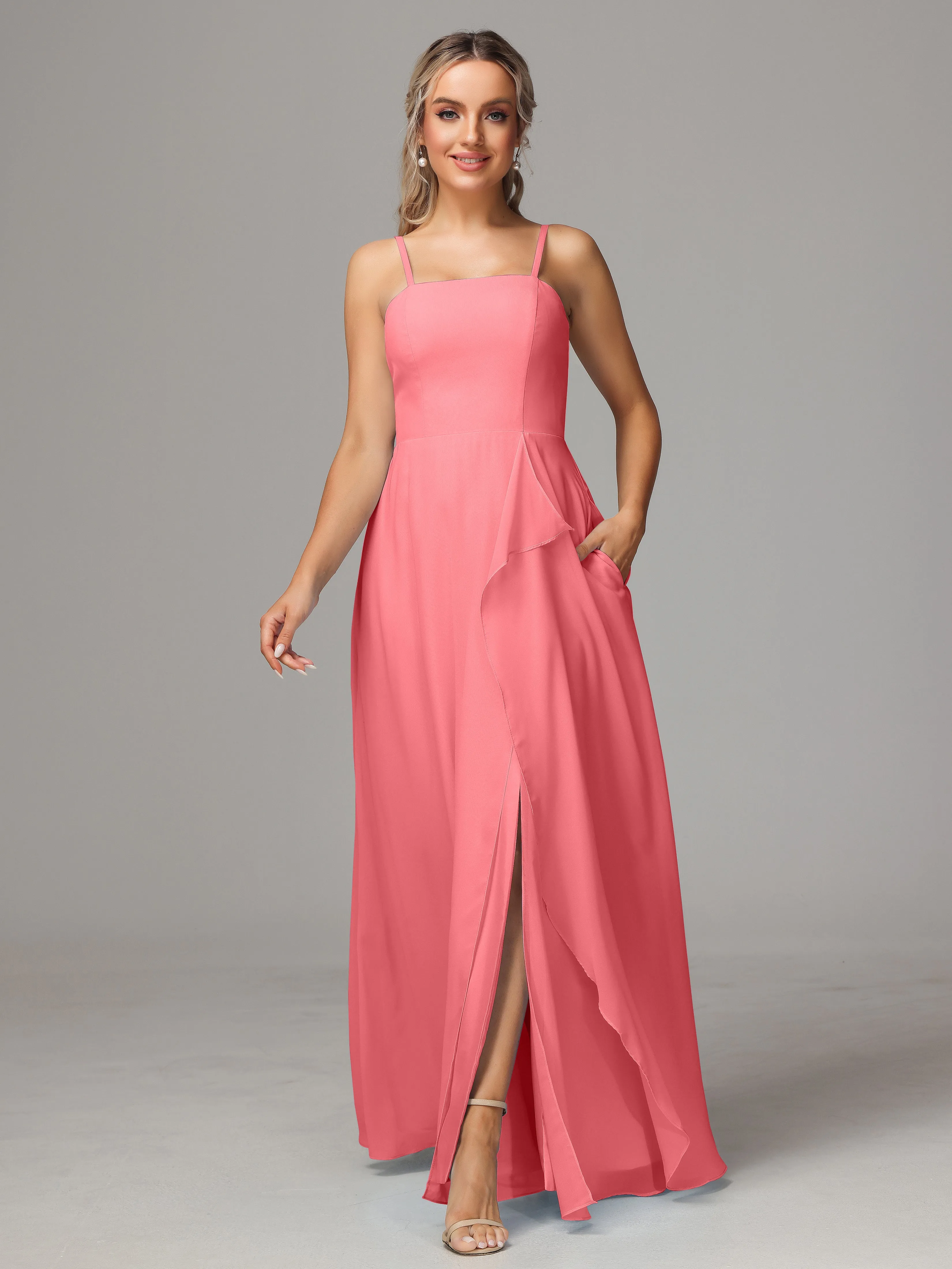 A-Line Ruffles Spaghetti Straps Chiffon Bridesmaid Dresses With Split