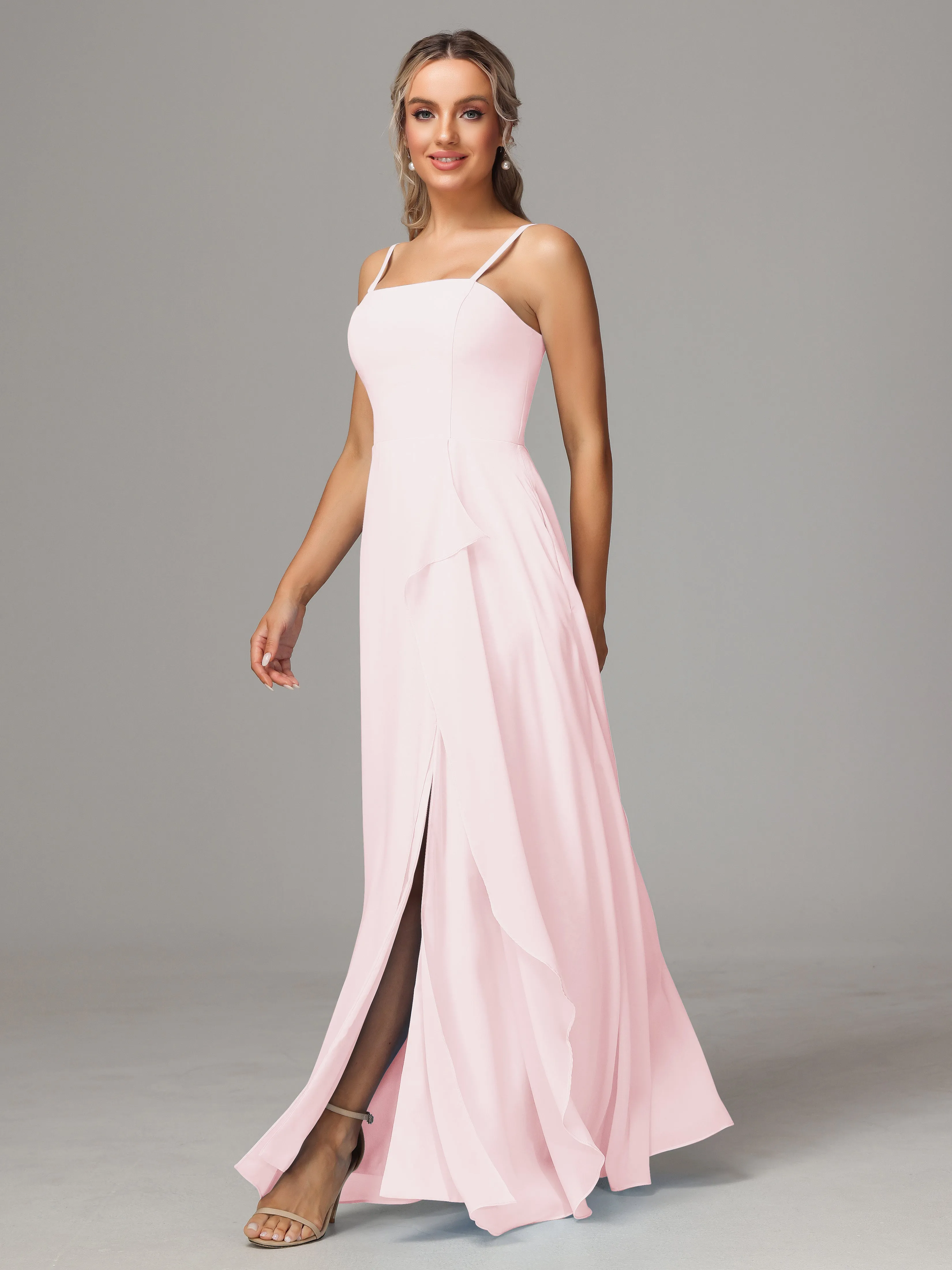 A-Line Ruffles Spaghetti Straps Chiffon Bridesmaid Dresses With Split