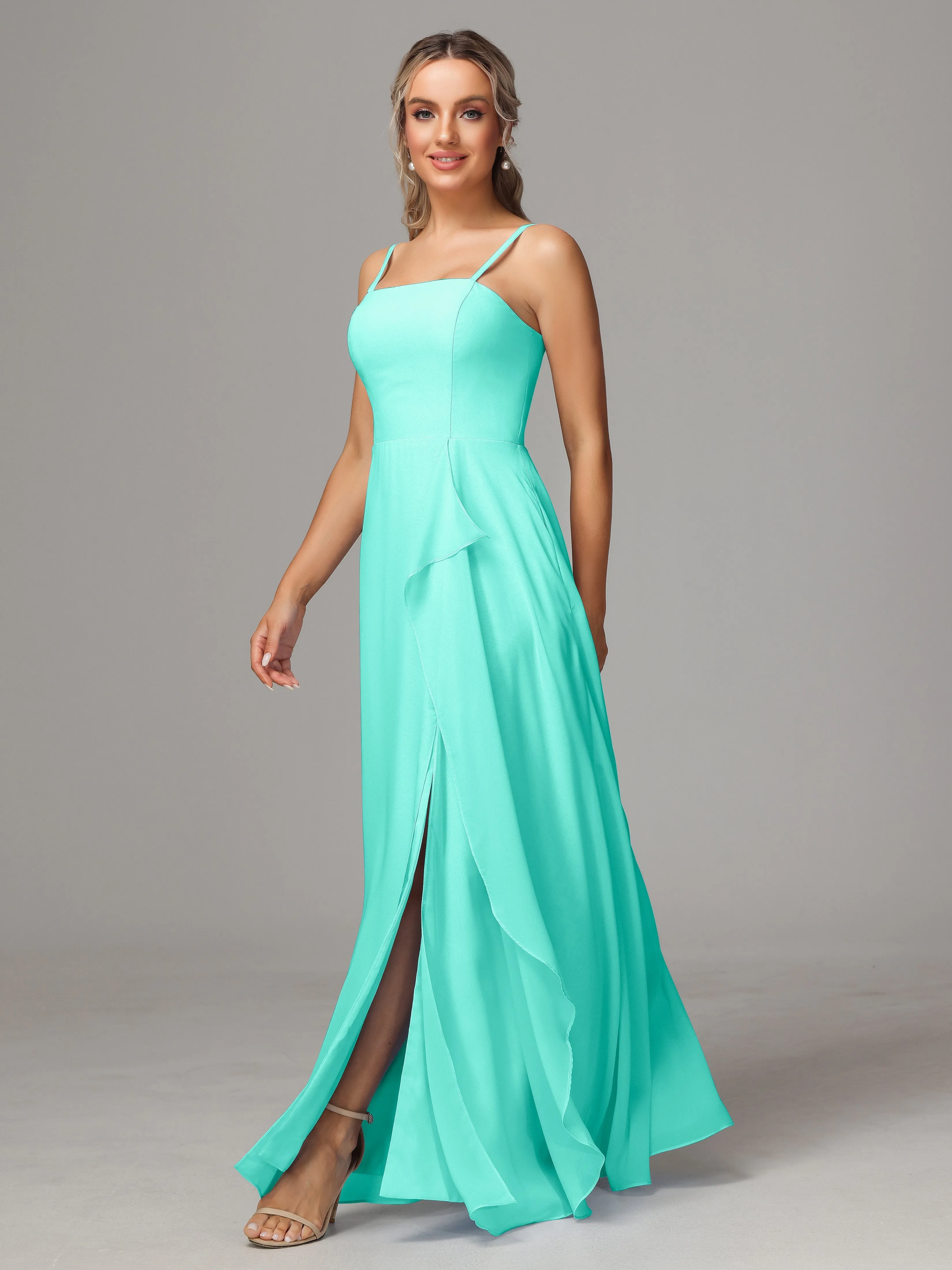 A-Line Ruffles Spaghetti Straps Chiffon Bridesmaid Dresses With Split