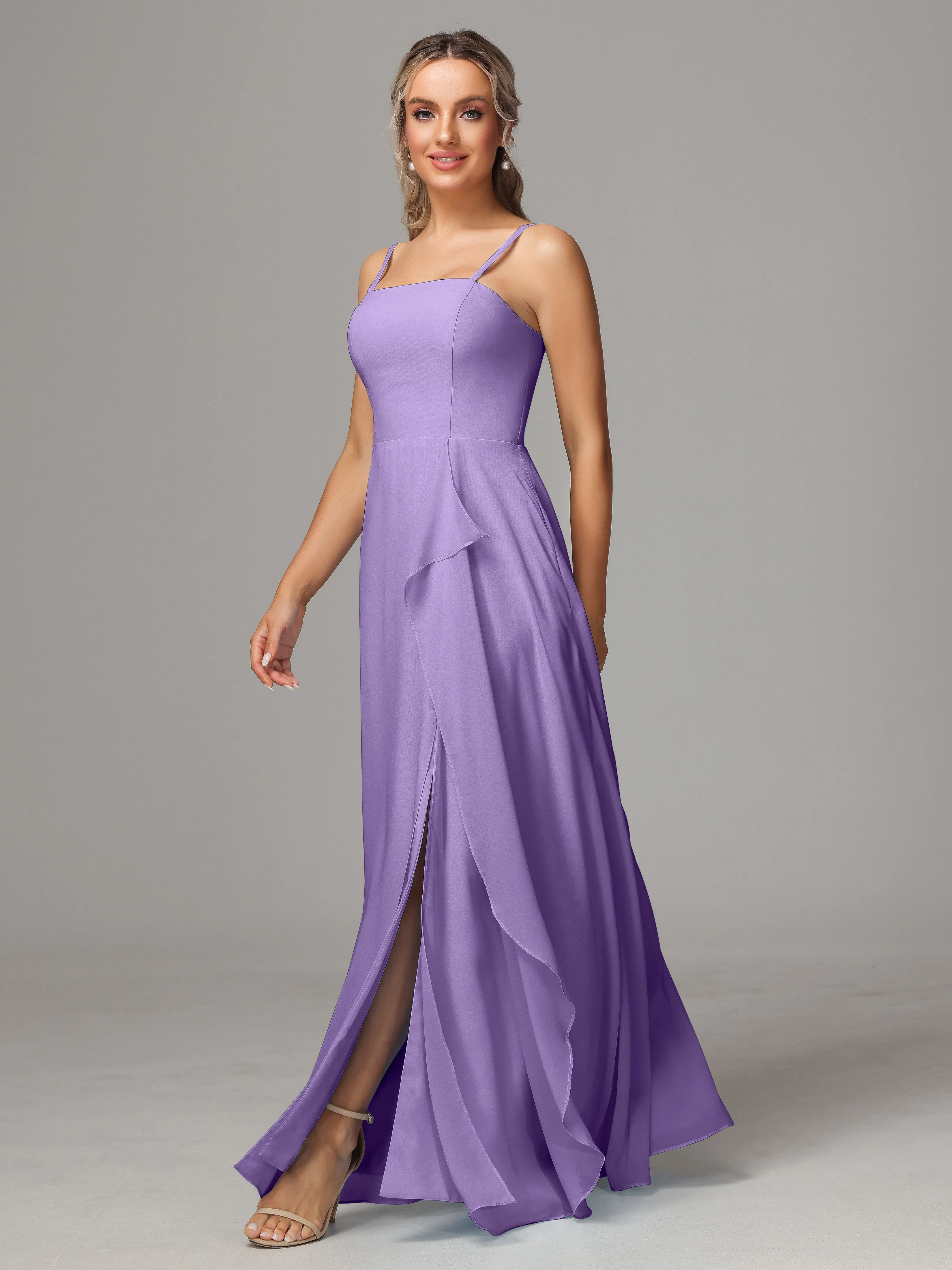 A-Line Ruffles Spaghetti Straps Chiffon Bridesmaid Dresses With Split