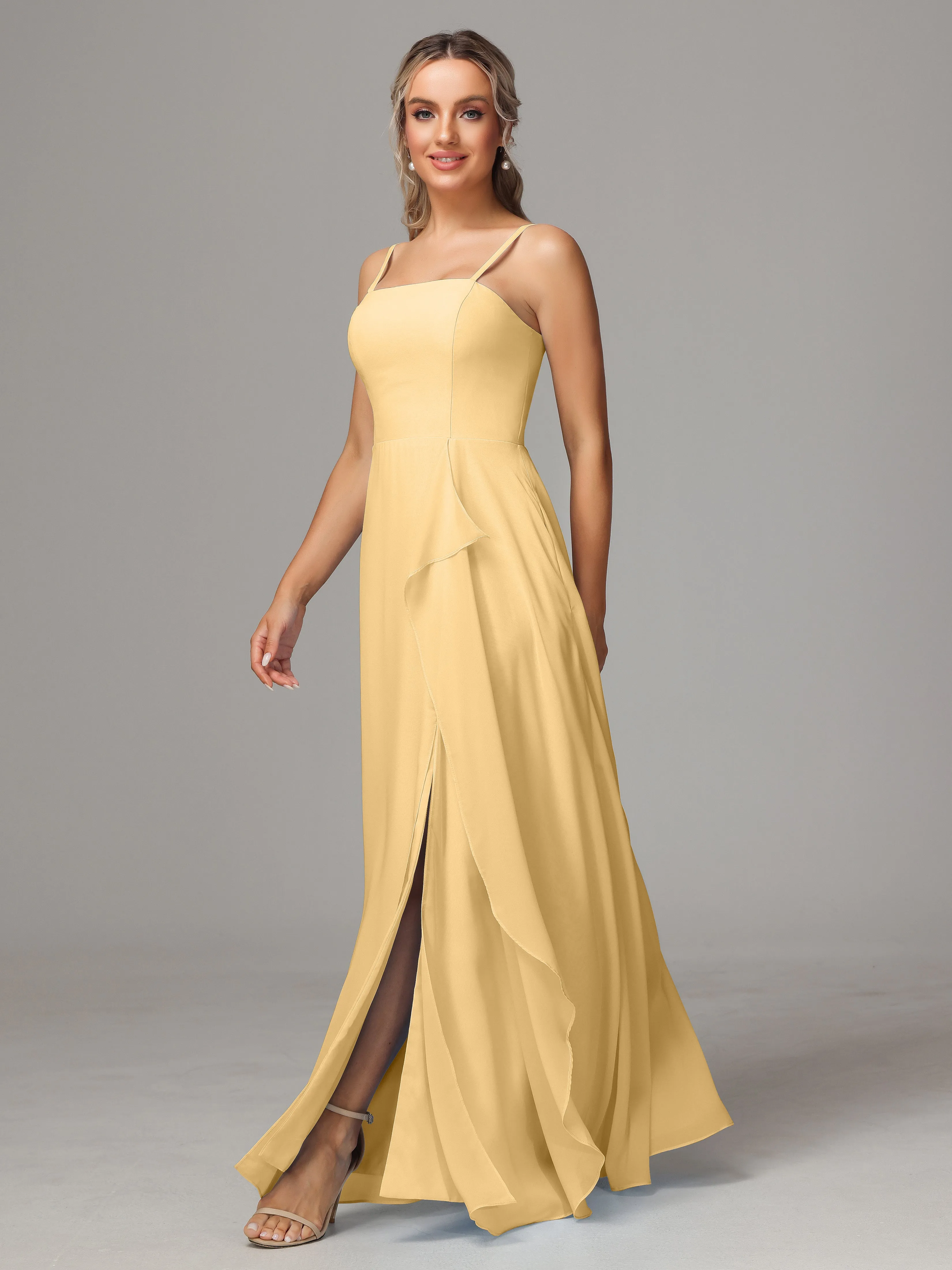 A-Line Ruffles Spaghetti Straps Chiffon Bridesmaid Dresses With Split