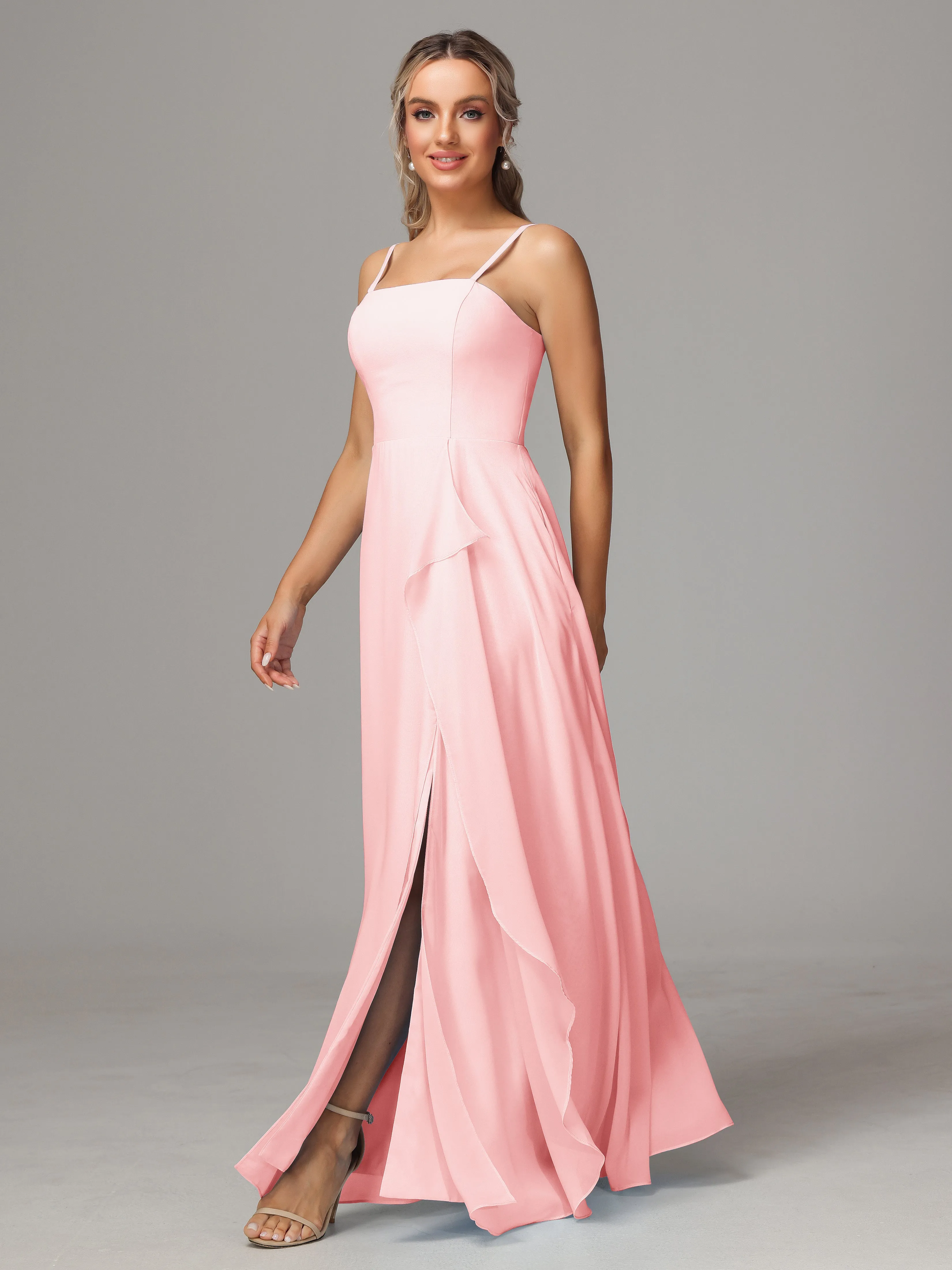 A-Line Ruffles Spaghetti Straps Chiffon Bridesmaid Dresses With Split