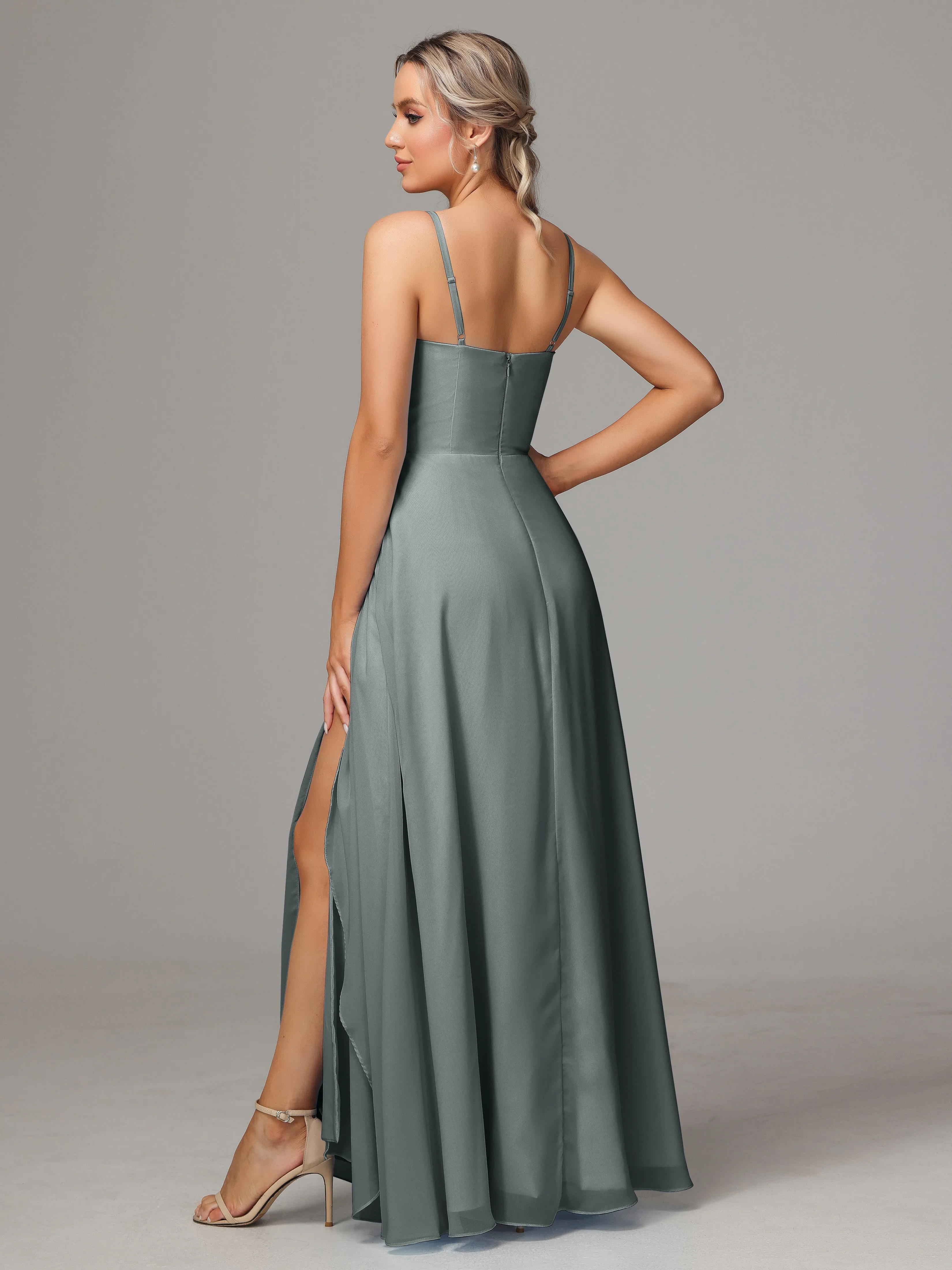 A-Line Ruffles Spaghetti Straps Chiffon Bridesmaid Dresses With Split