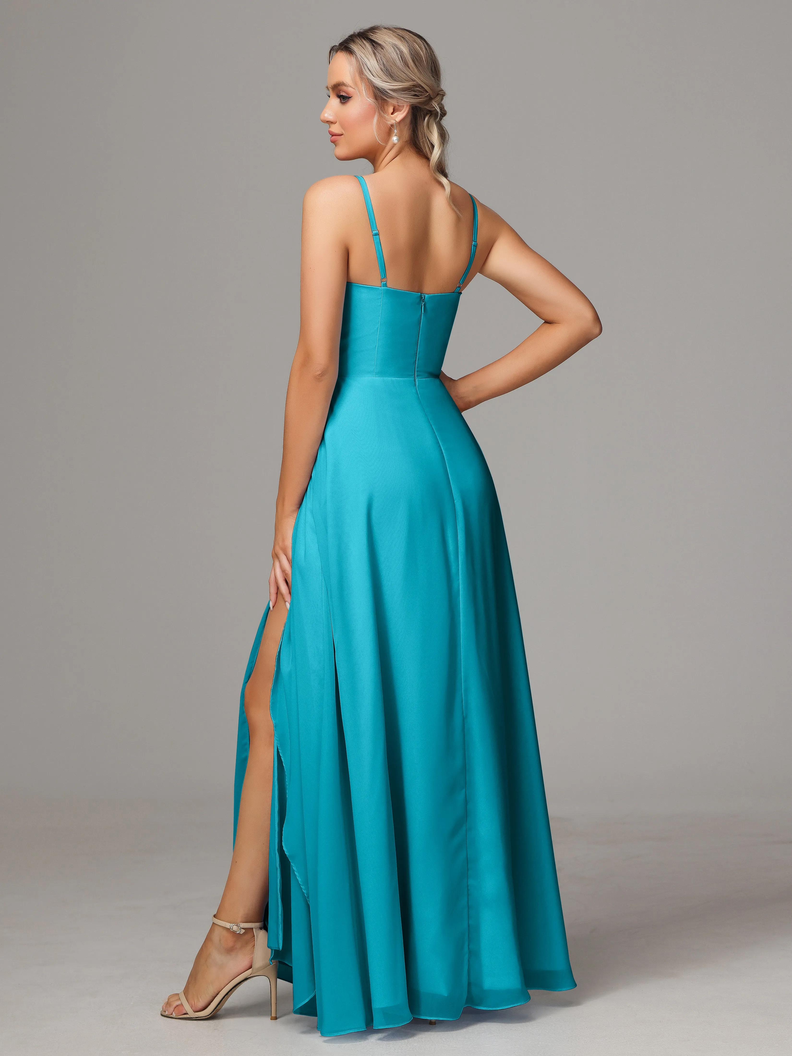 A-Line Ruffles Spaghetti Straps Chiffon Bridesmaid Dresses With Split