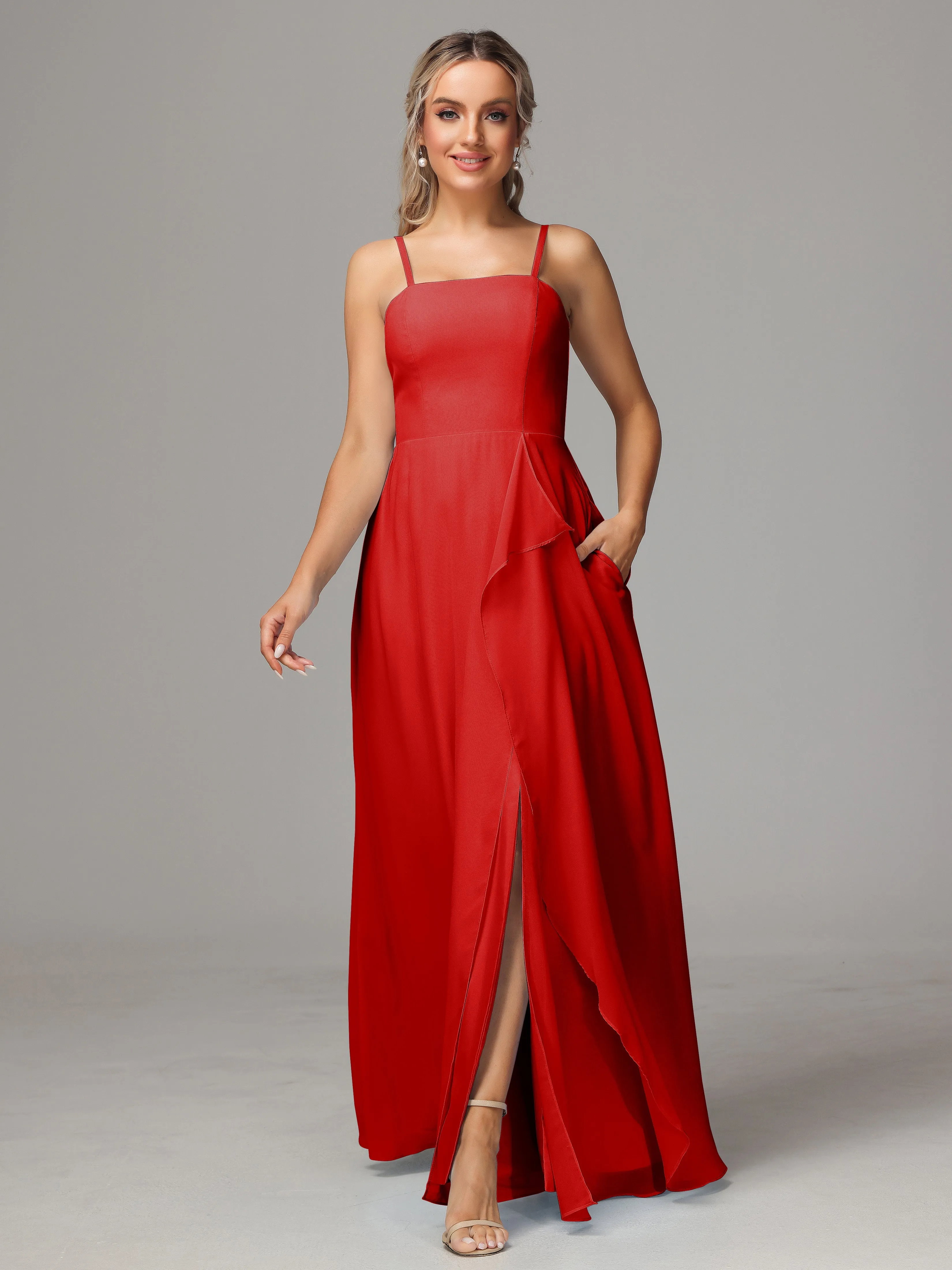 A-Line Ruffles Spaghetti Straps Chiffon Bridesmaid Dresses With Split