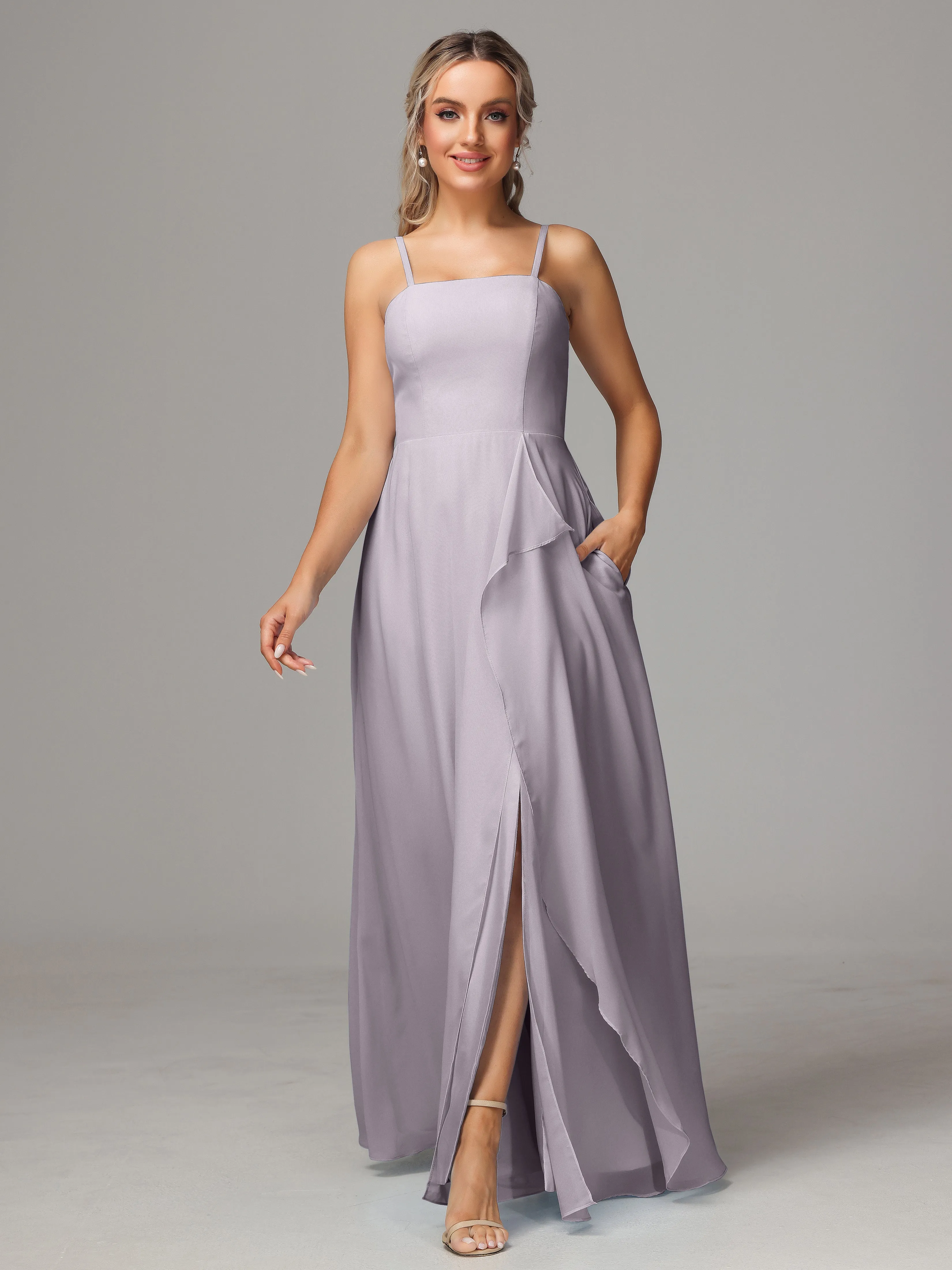 A-Line Ruffles Spaghetti Straps Chiffon Bridesmaid Dresses With Split