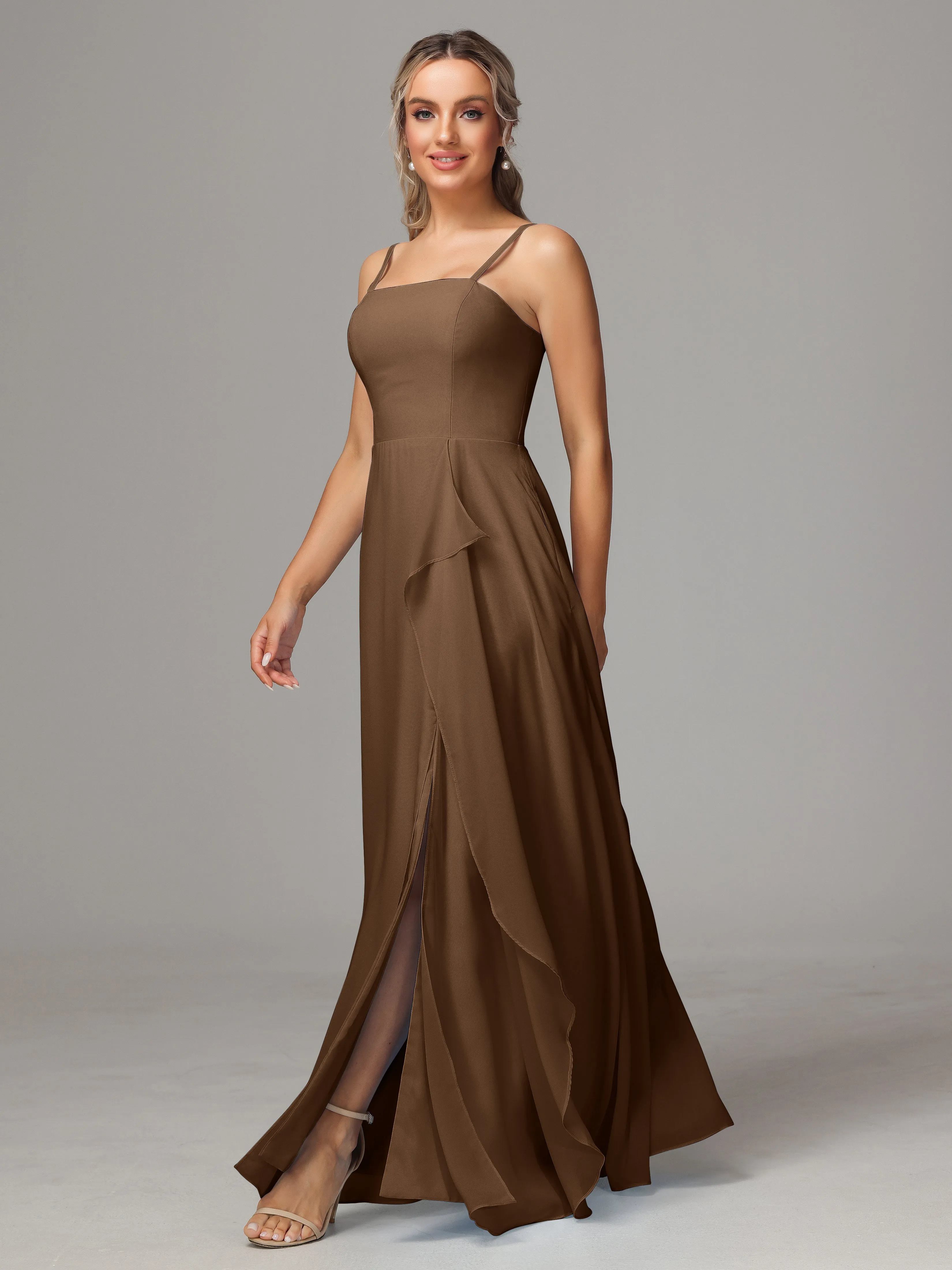 A-Line Ruffles Spaghetti Straps Chiffon Bridesmaid Dresses With Split