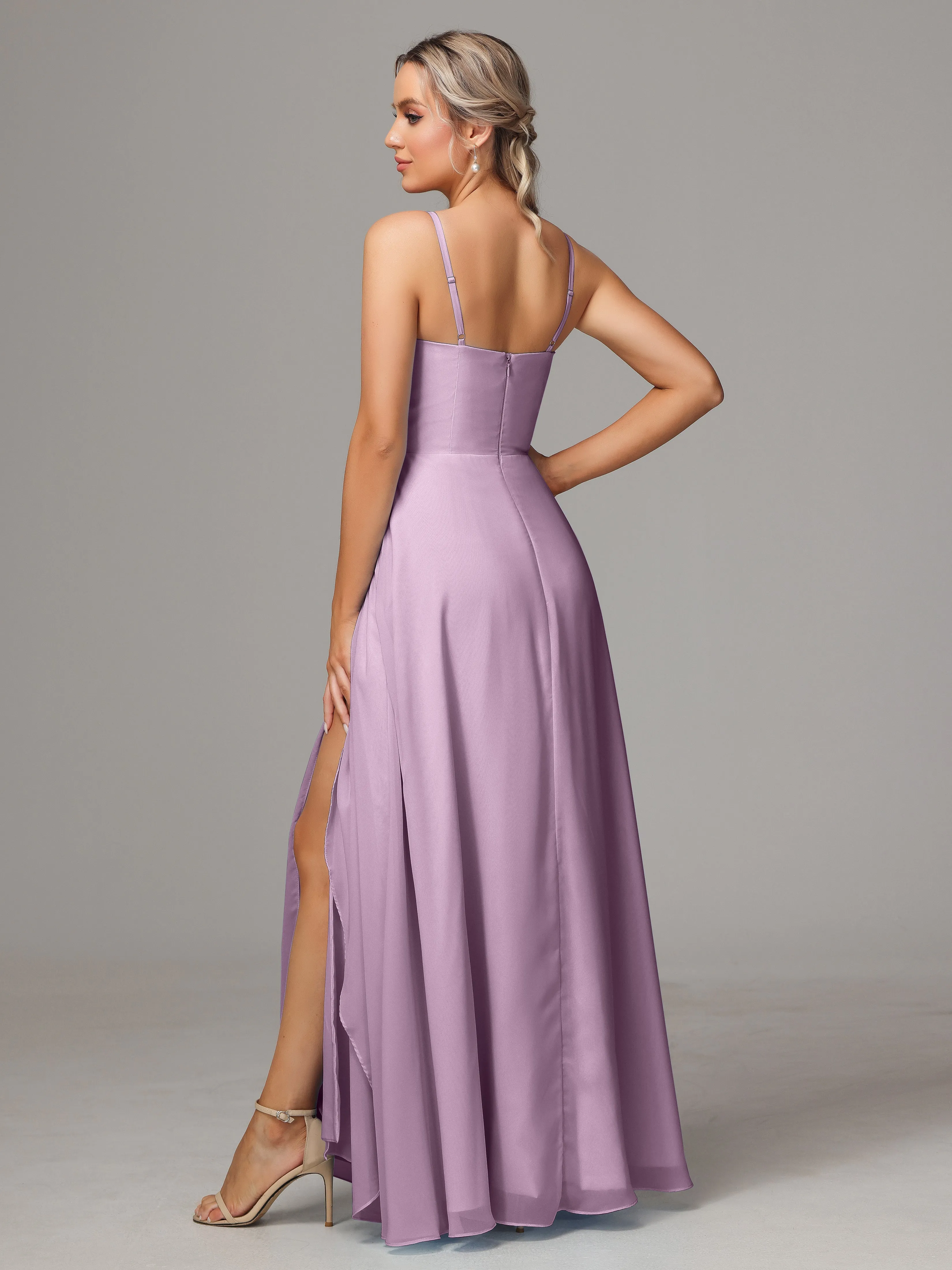 A-Line Ruffles Spaghetti Straps Chiffon Bridesmaid Dresses With Split