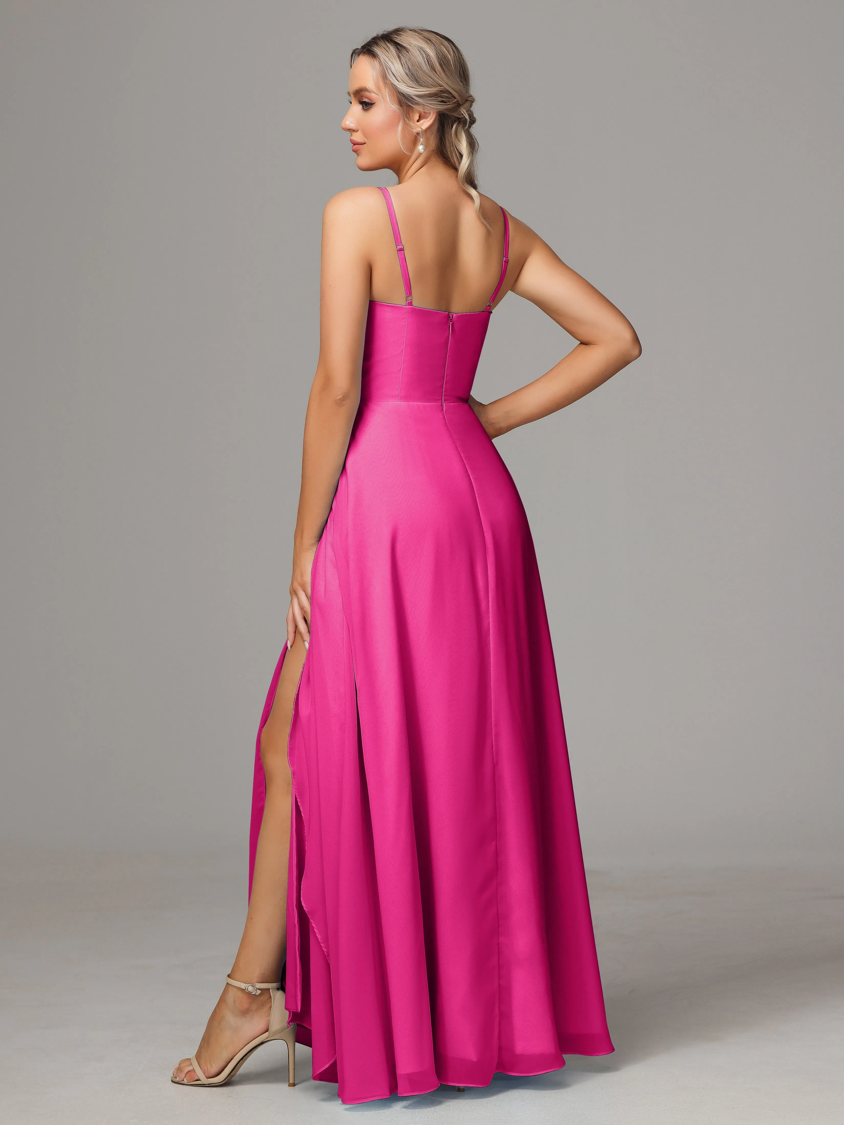 A-Line Ruffles Spaghetti Straps Chiffon Bridesmaid Dresses With Split