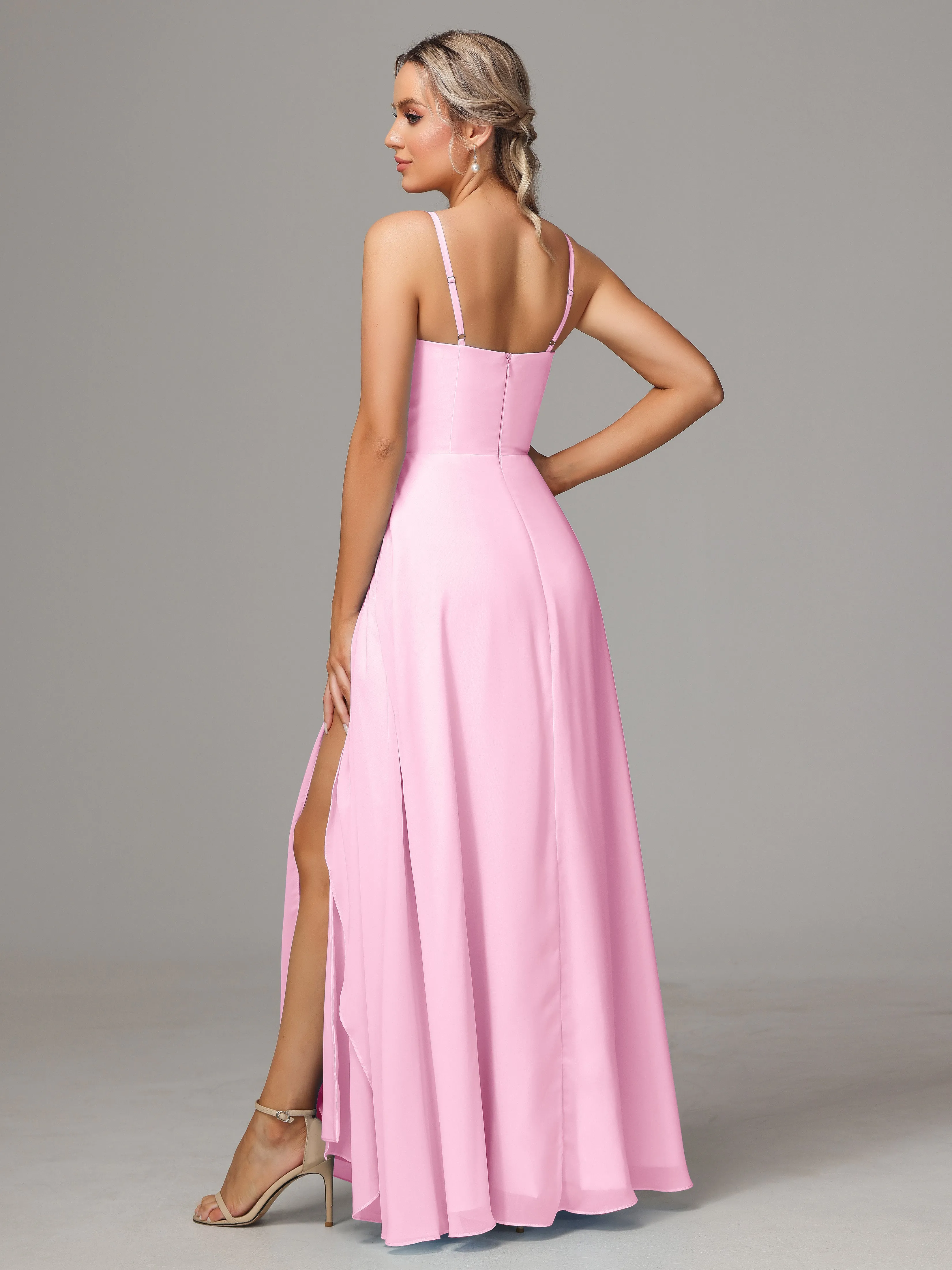 A-Line Ruffles Spaghetti Straps Chiffon Bridesmaid Dresses With Split