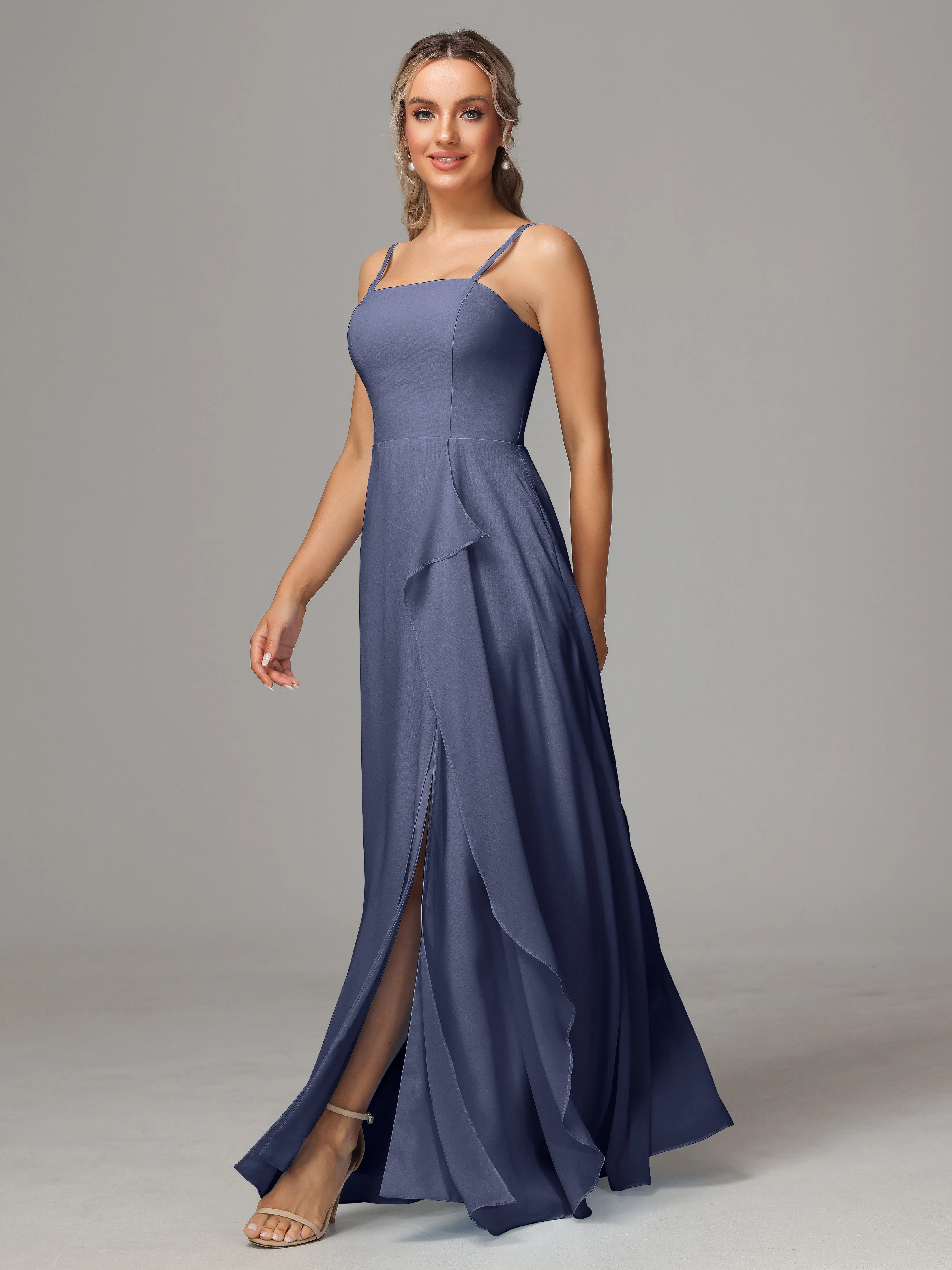 A-Line Ruffles Spaghetti Straps Chiffon Bridesmaid Dresses With Split