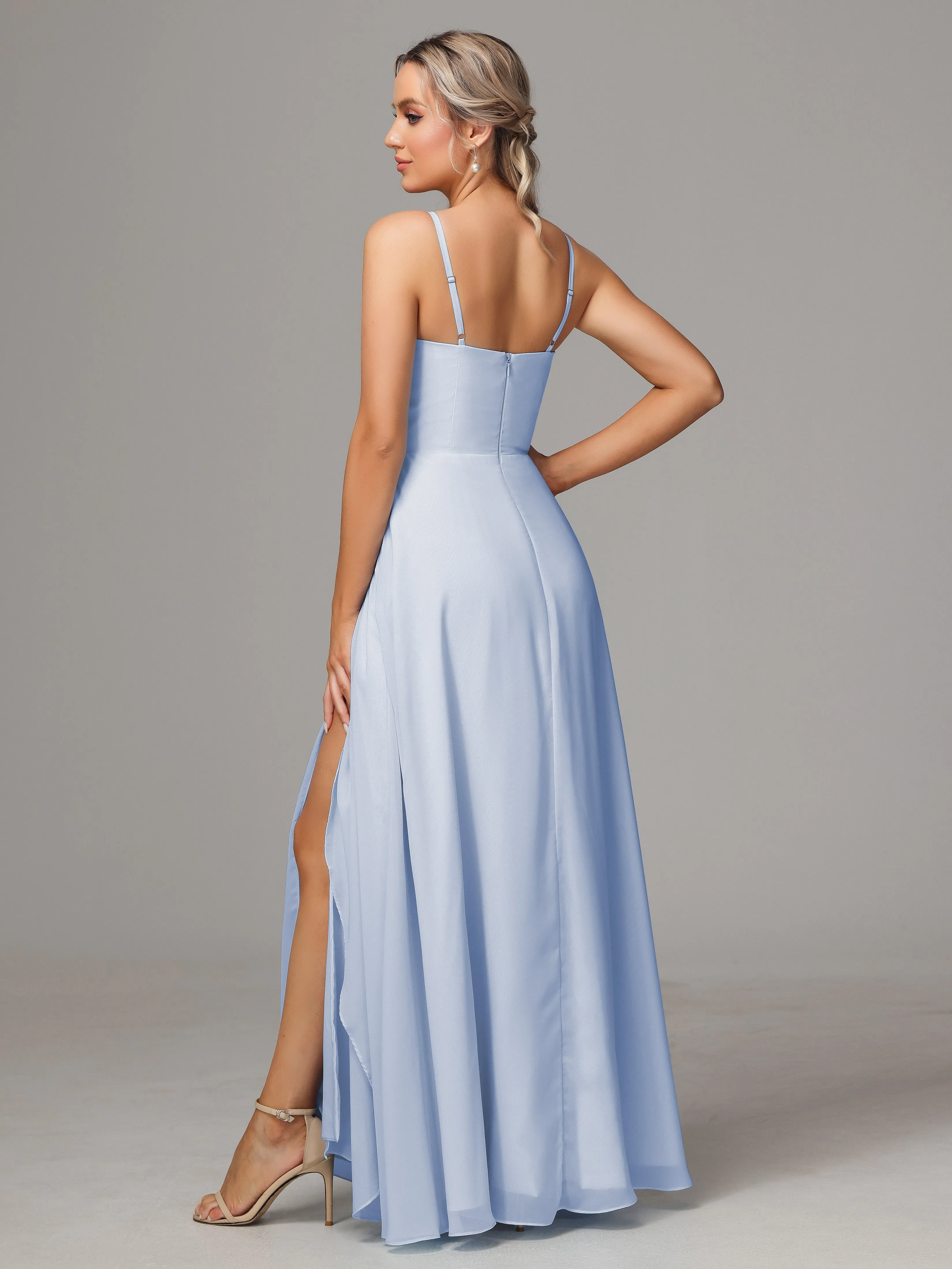 A-Line Ruffles Spaghetti Straps Chiffon Bridesmaid Dresses With Split